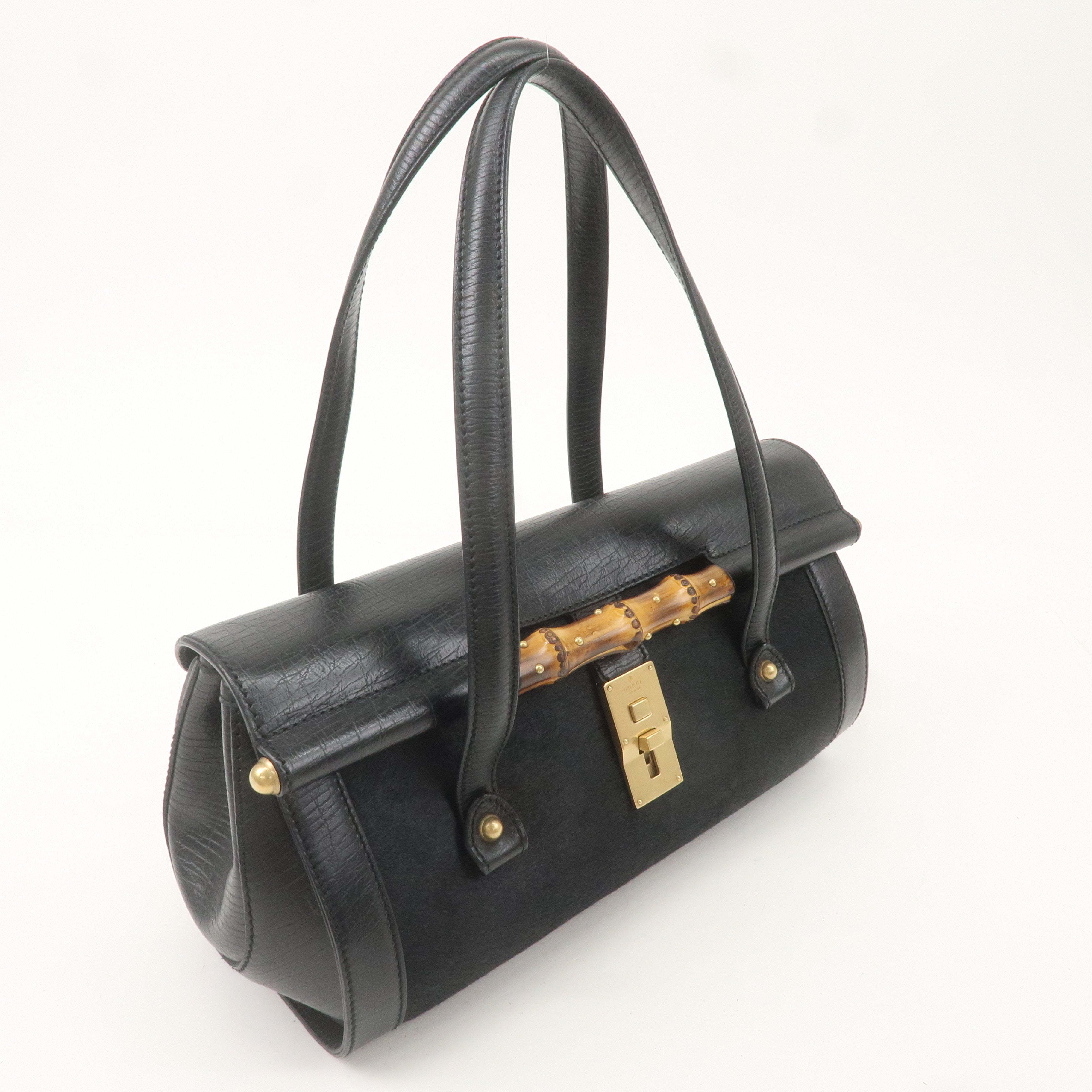 GUCCI Bamboo Leather Unborn Calf Boston Bag Black 114993
