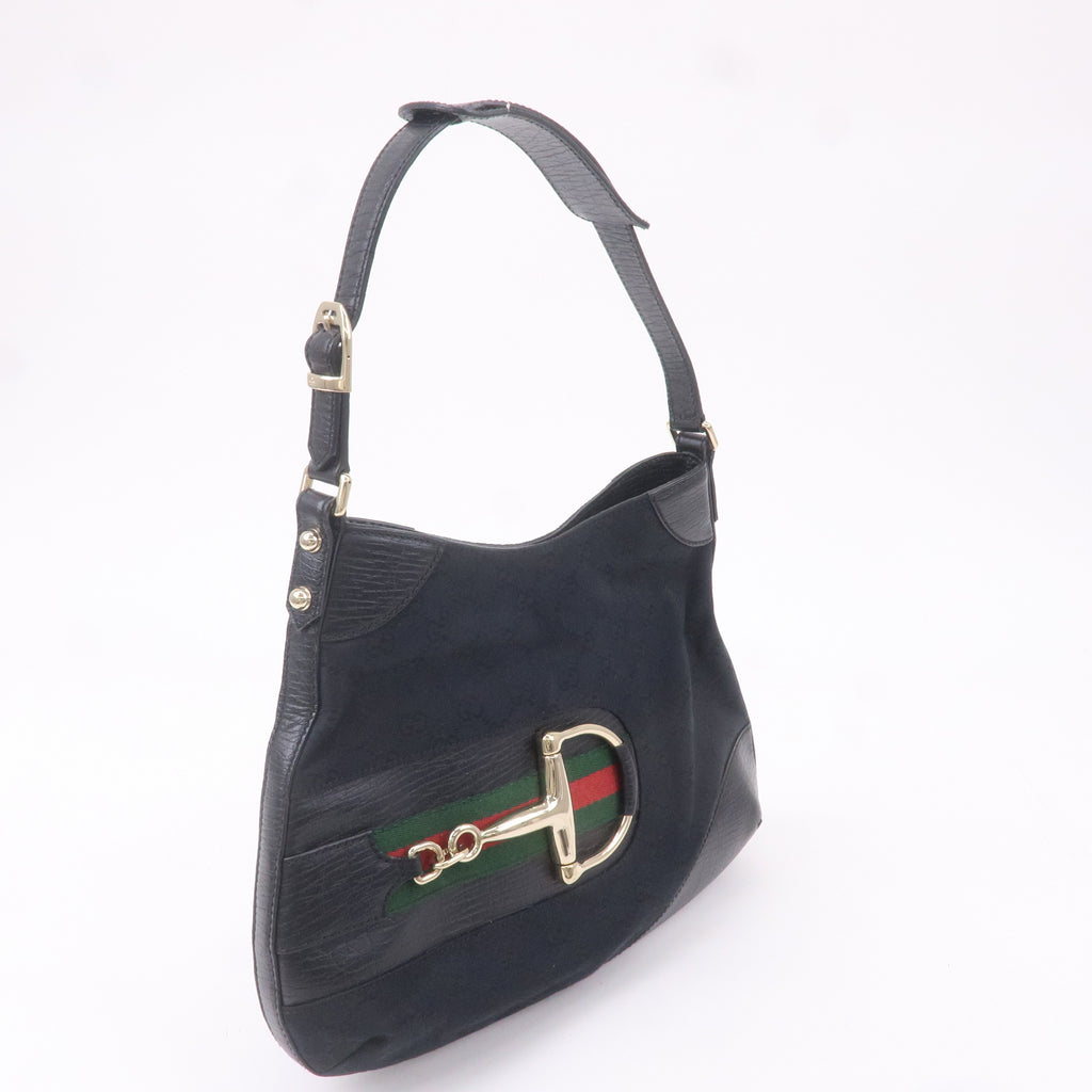 GUCCI Horsebit GG Canvas Leather Shoulder Bag Black 137388