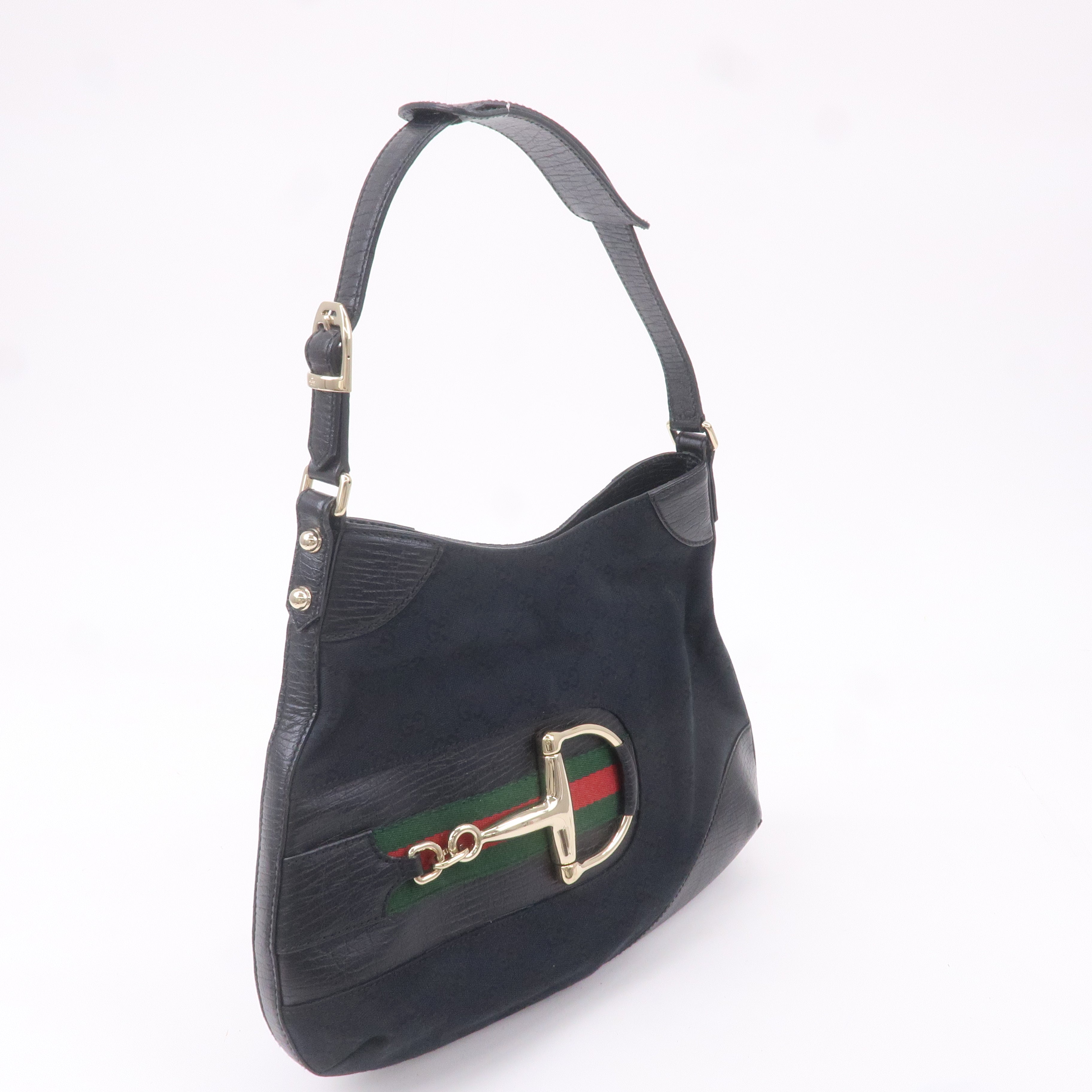 GUCCI Horsebit GG Canvas Leather Shoulder Bag Black 137388