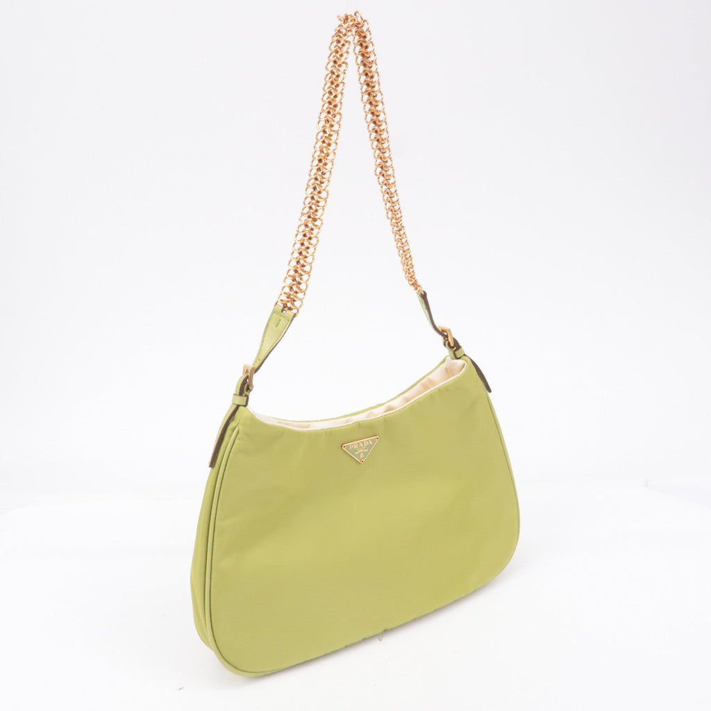 Prada Logo Nylon Leather Chain Shoulder Bag Light Green BR0104