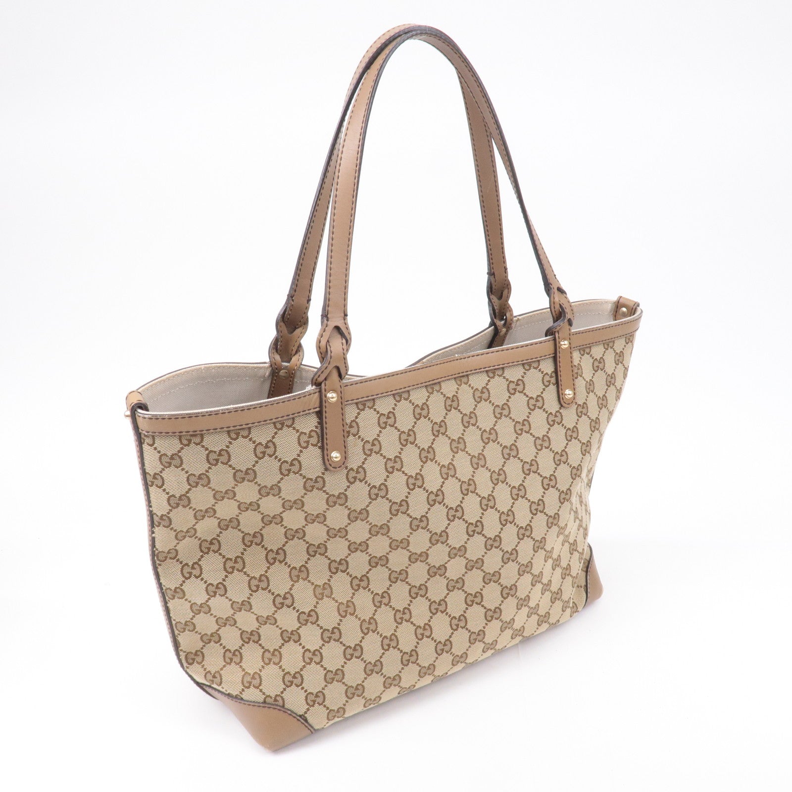 GUCCI GG Canvas Leather Tote Bag Beige Brown 247209