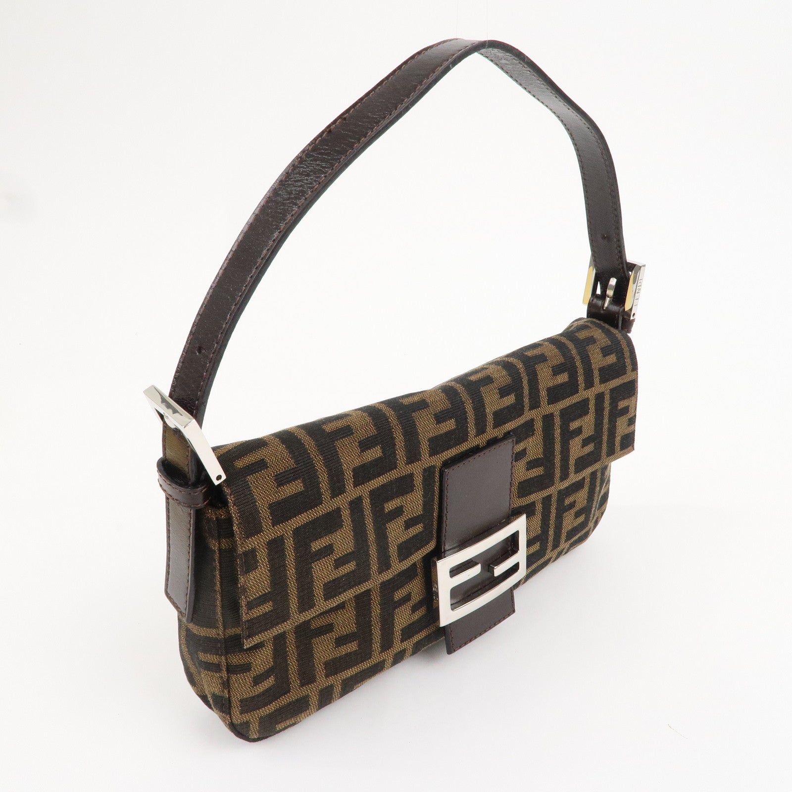 FENDI Mamma Baguette Canvas Leather Shoulder Bag Brown Black 26424