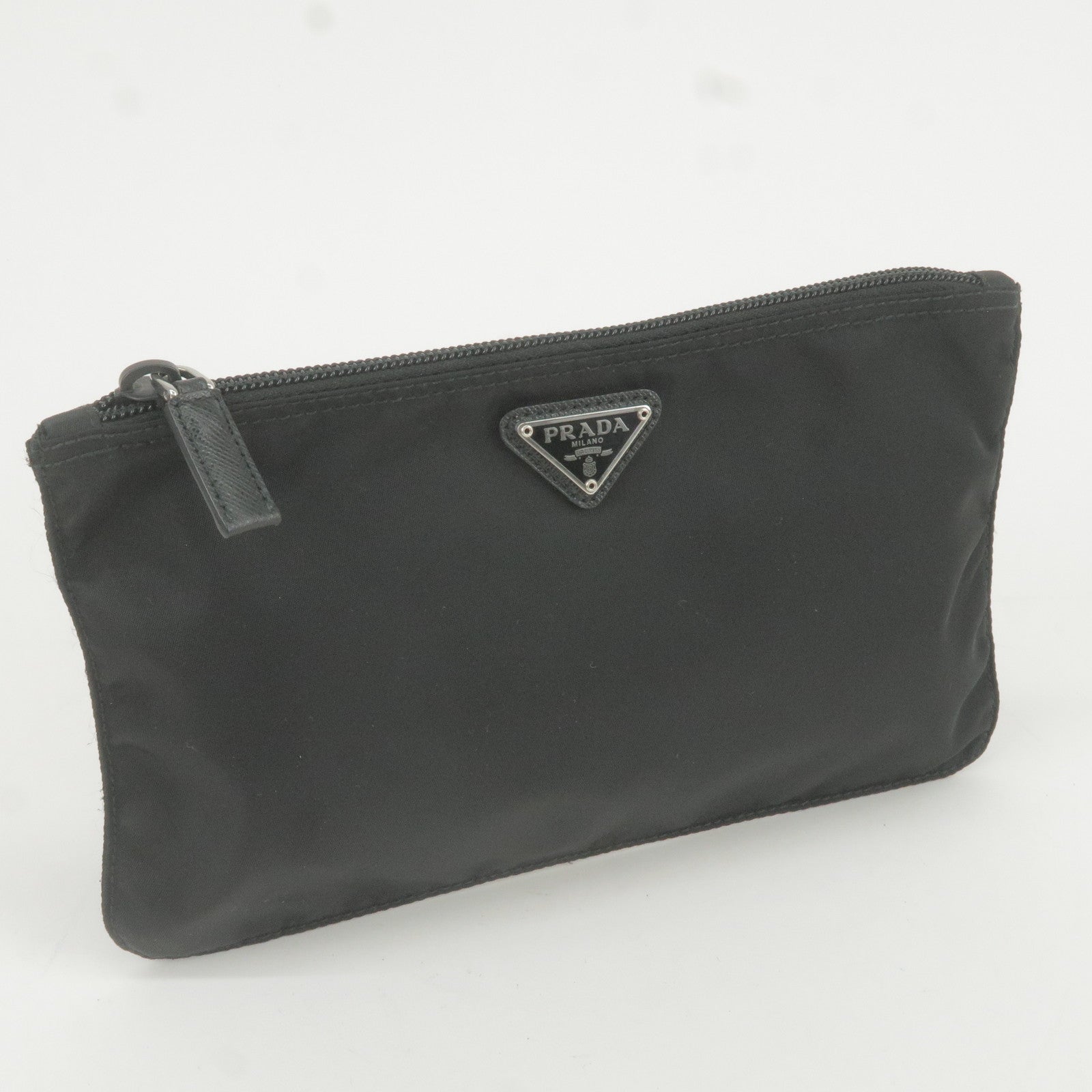 Prada Logo Nylon Leather Pouch Clutch Cosmetic Bag NERO Black