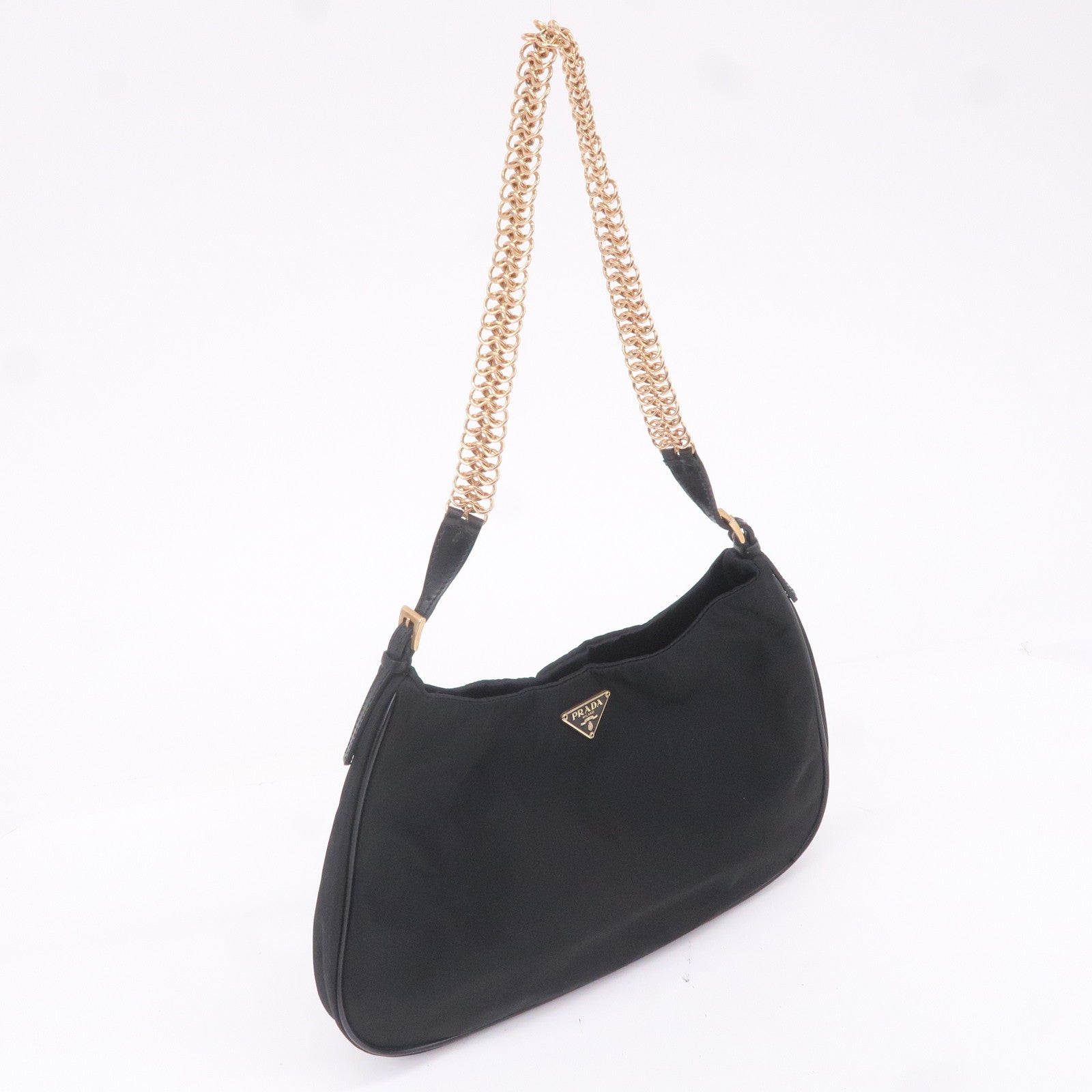 Prada Logo Nylon Leather Chain Shoulder Bag Purse Black BR0104