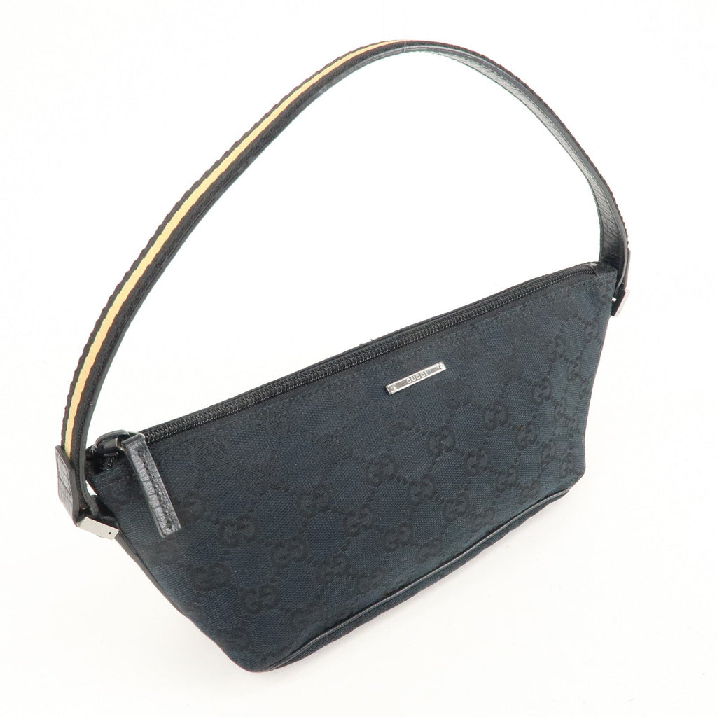 GUCCI Boat Bag Sherry GG Canvas Leather Pouch Black 141809