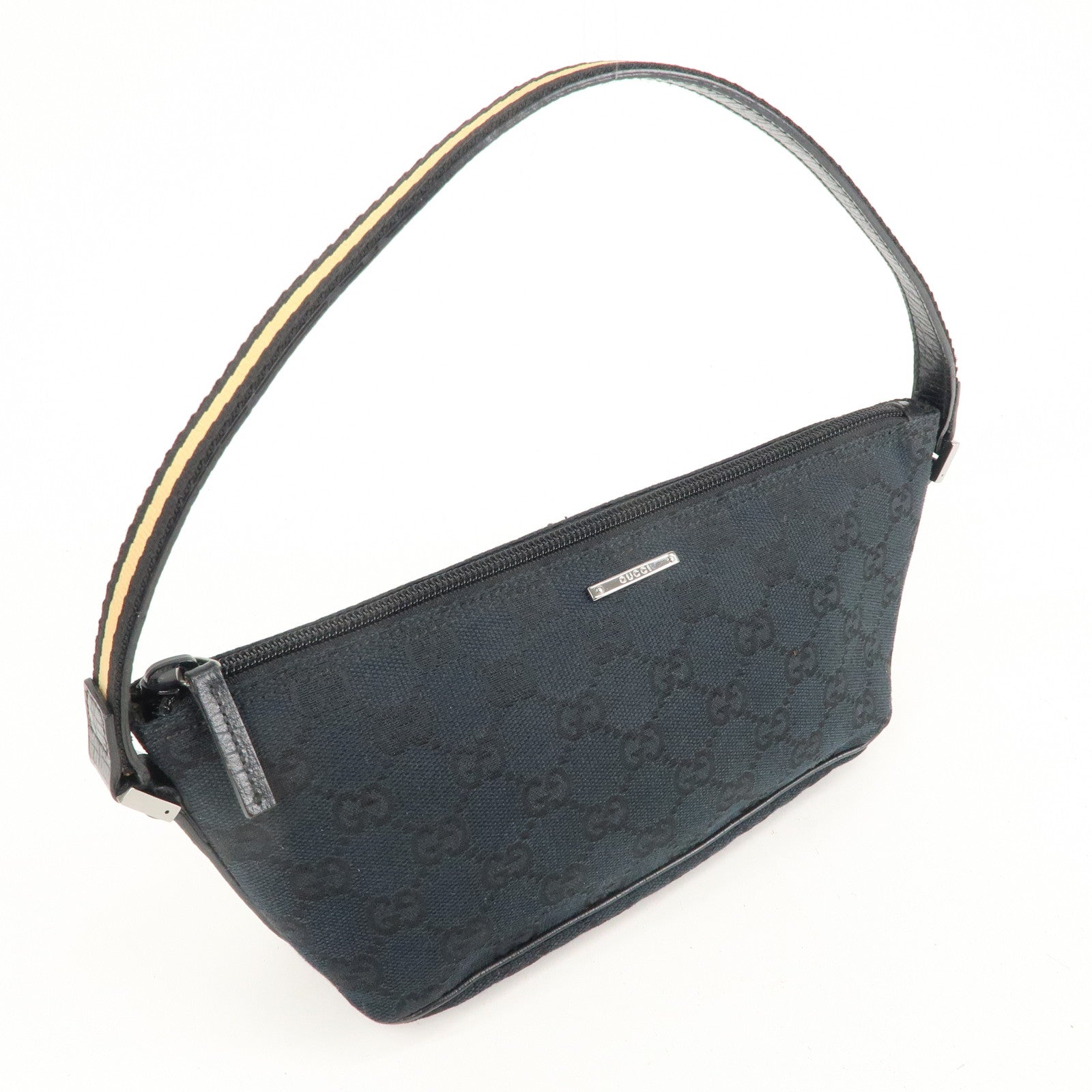 GUCCI Boat Bag Sherry GG Canvas Leather Pouch Black 141809