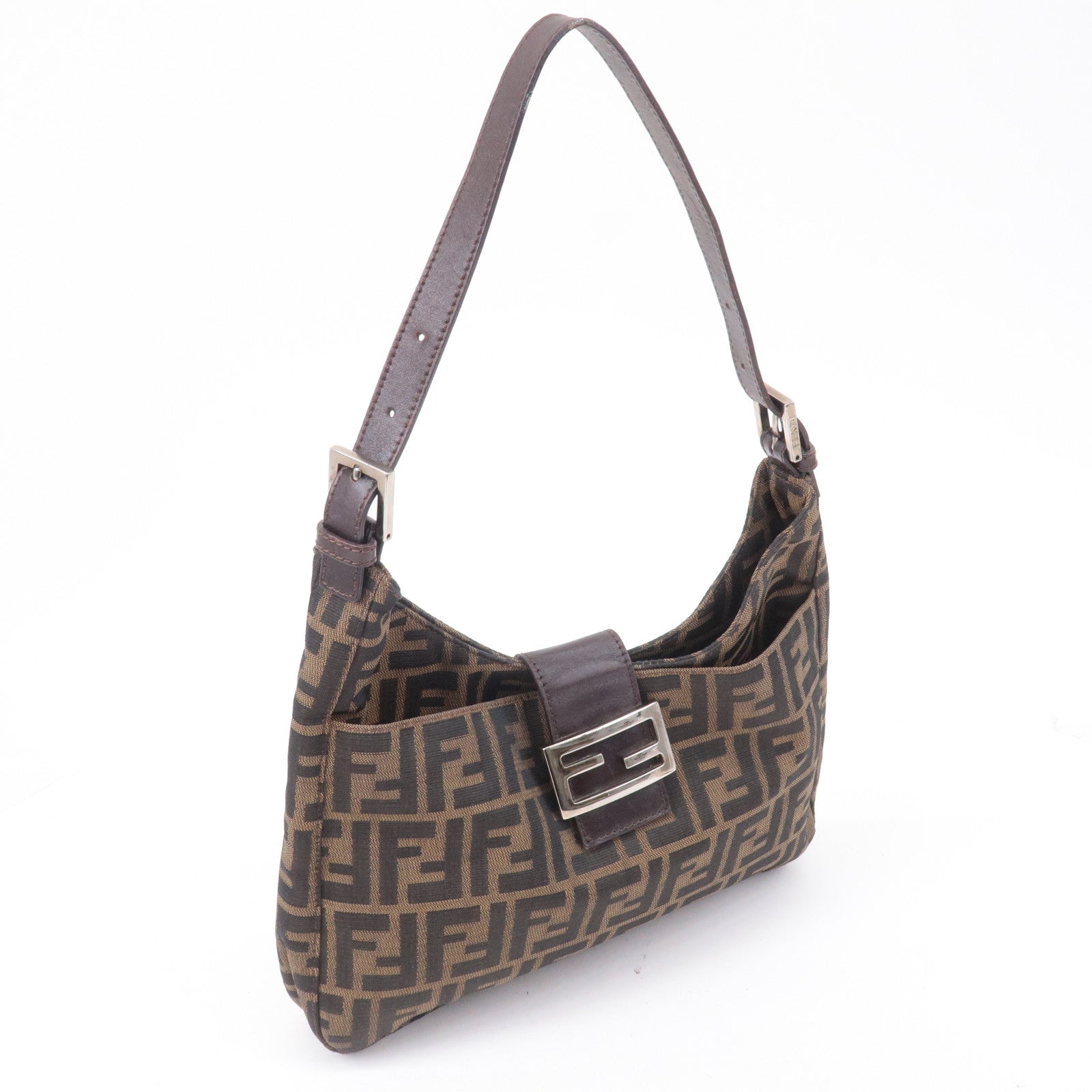 FENDI Zucca Canvas Leather Shoulder Bag Brown Black 26569