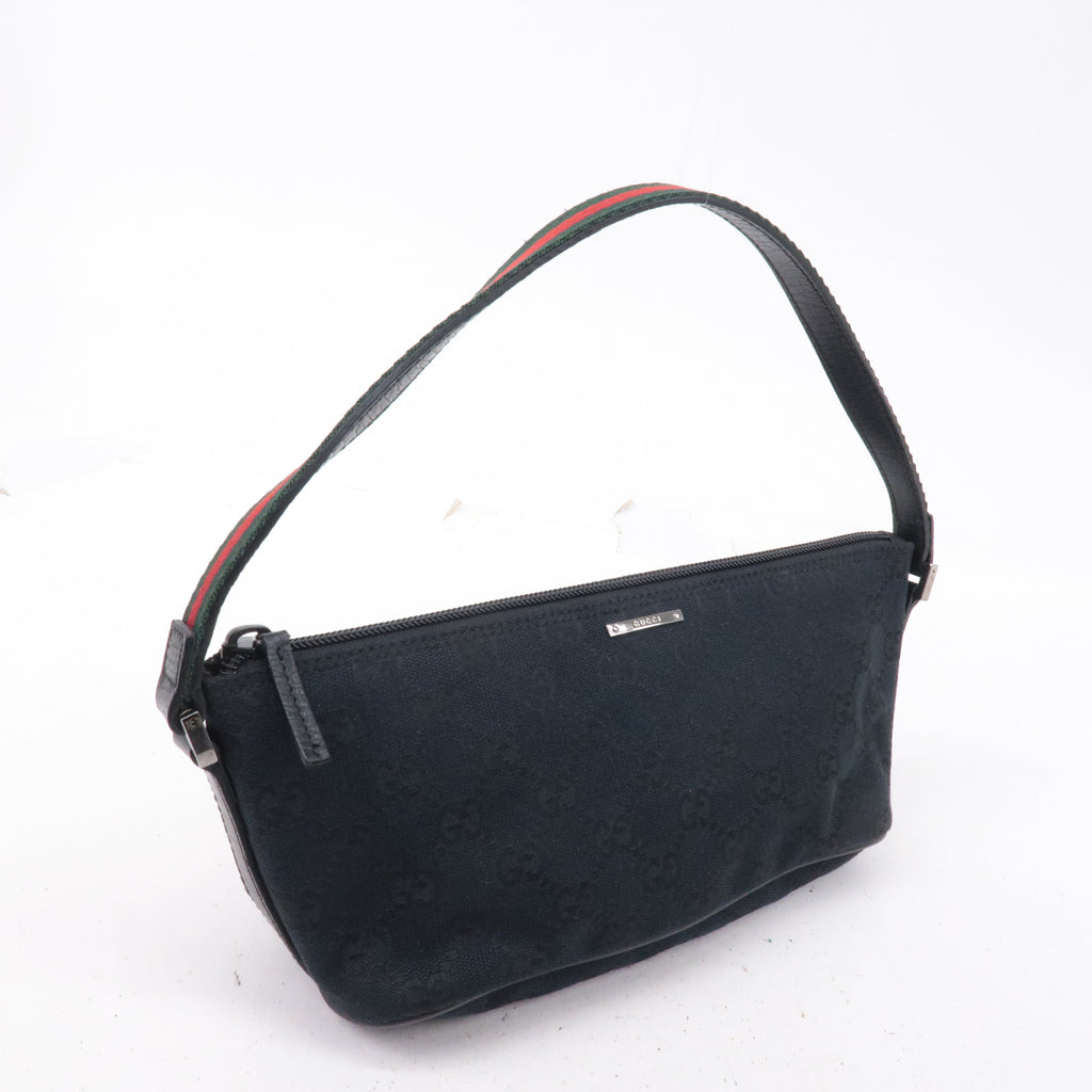 GUCCI Boat Bag Sherry GG Canvas Leather Pouch Black 141809