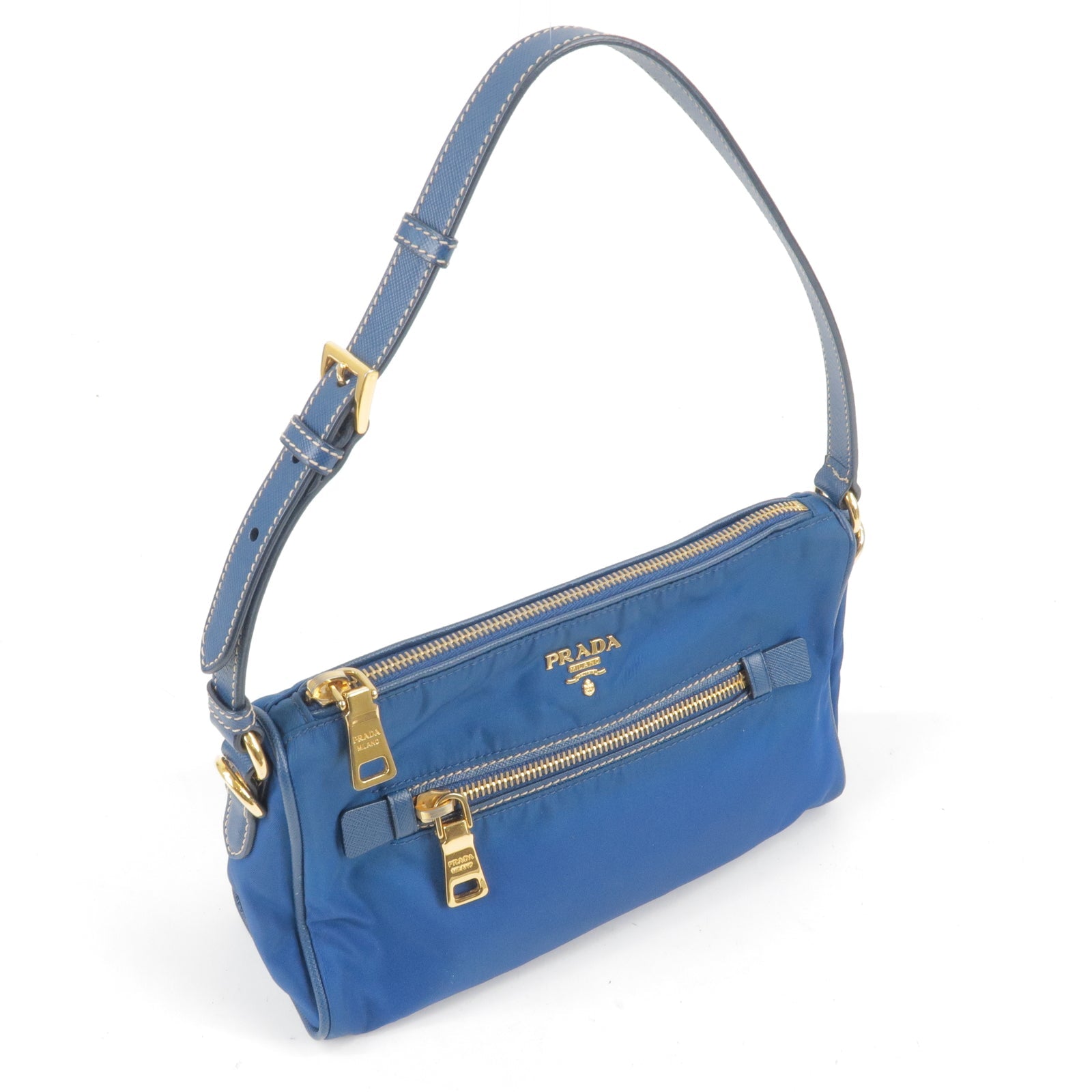 Prada Logo Nylon Leather Hand Bag Pouch Purse Blue BN1834