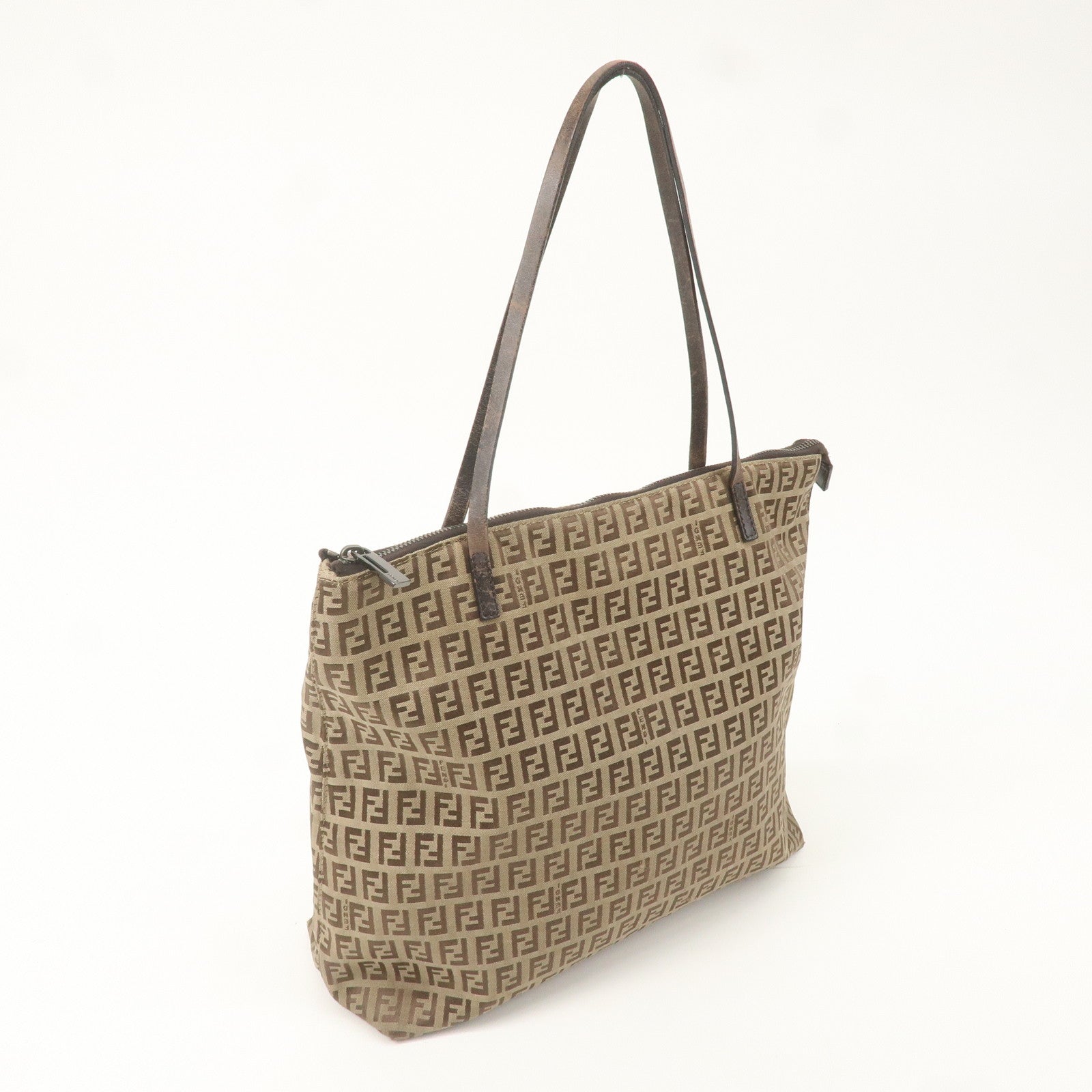 FENDI Zucchino Canvas Leather Tote Bag Brown Beige 8BH024
