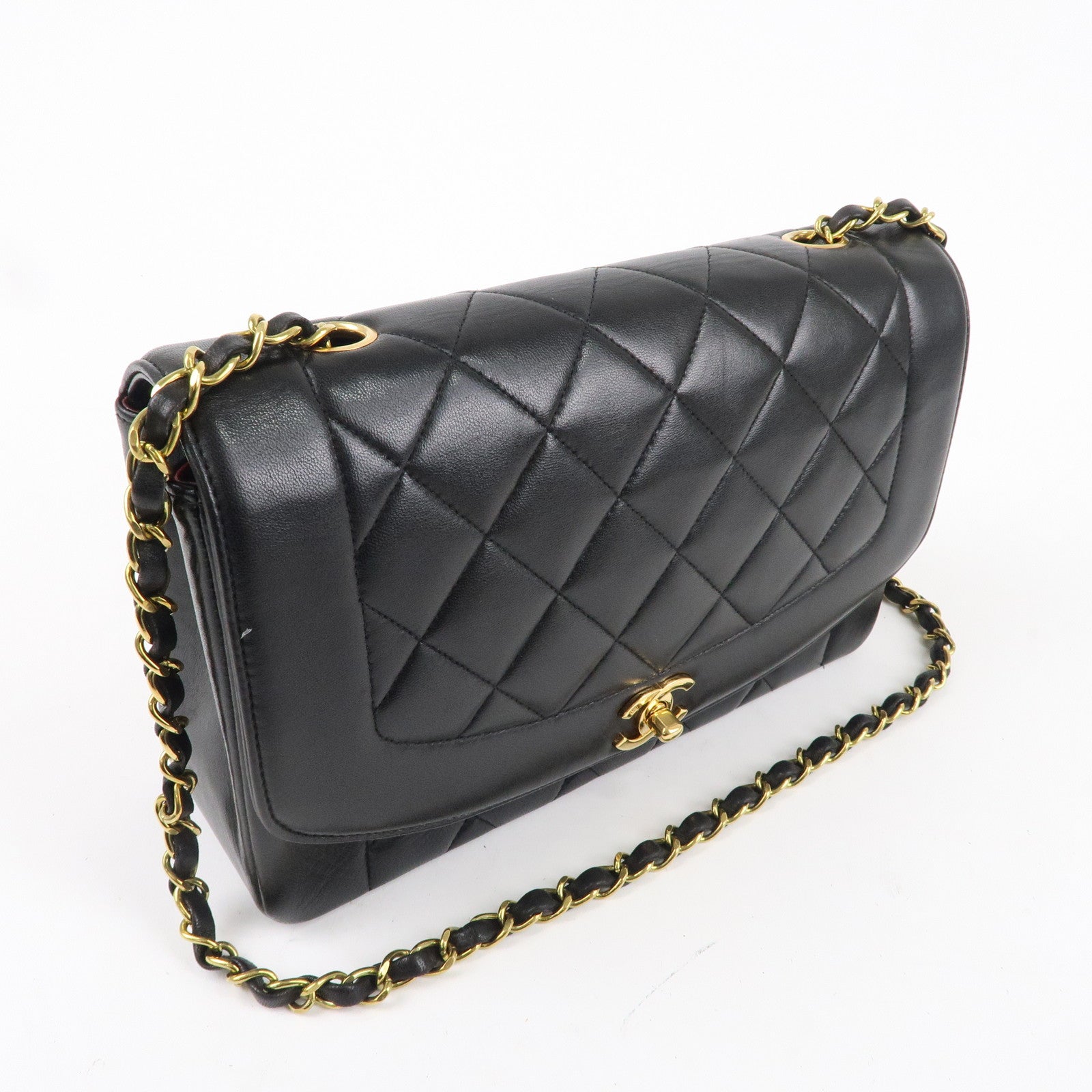 CHANEL Matelasse Lambskin Diana Chain Shoulder Bag Black A01165