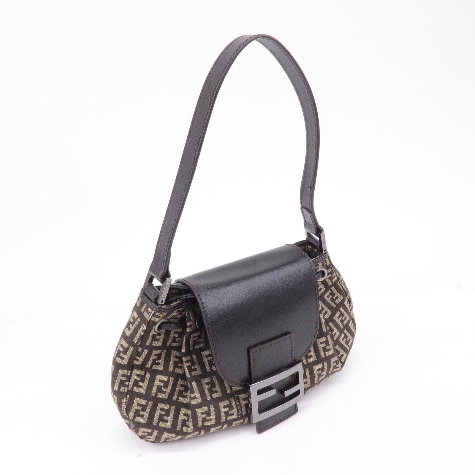 FENDI Zucchino Canvas Leather Shoulder Bag Brown Beige 8BR277
