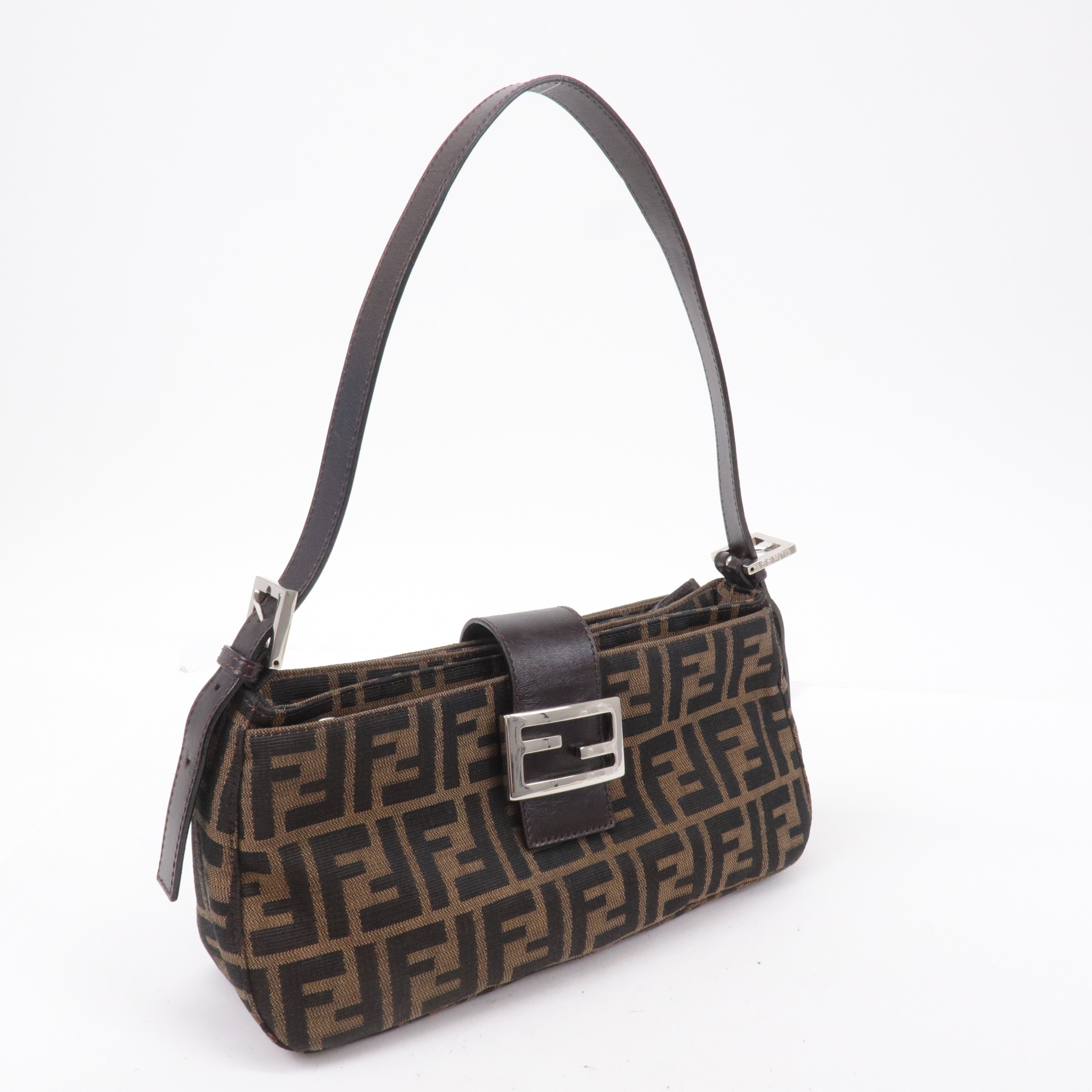 FENDI Zucca Canvas Leather Shoulder Bag Black Brown 26722