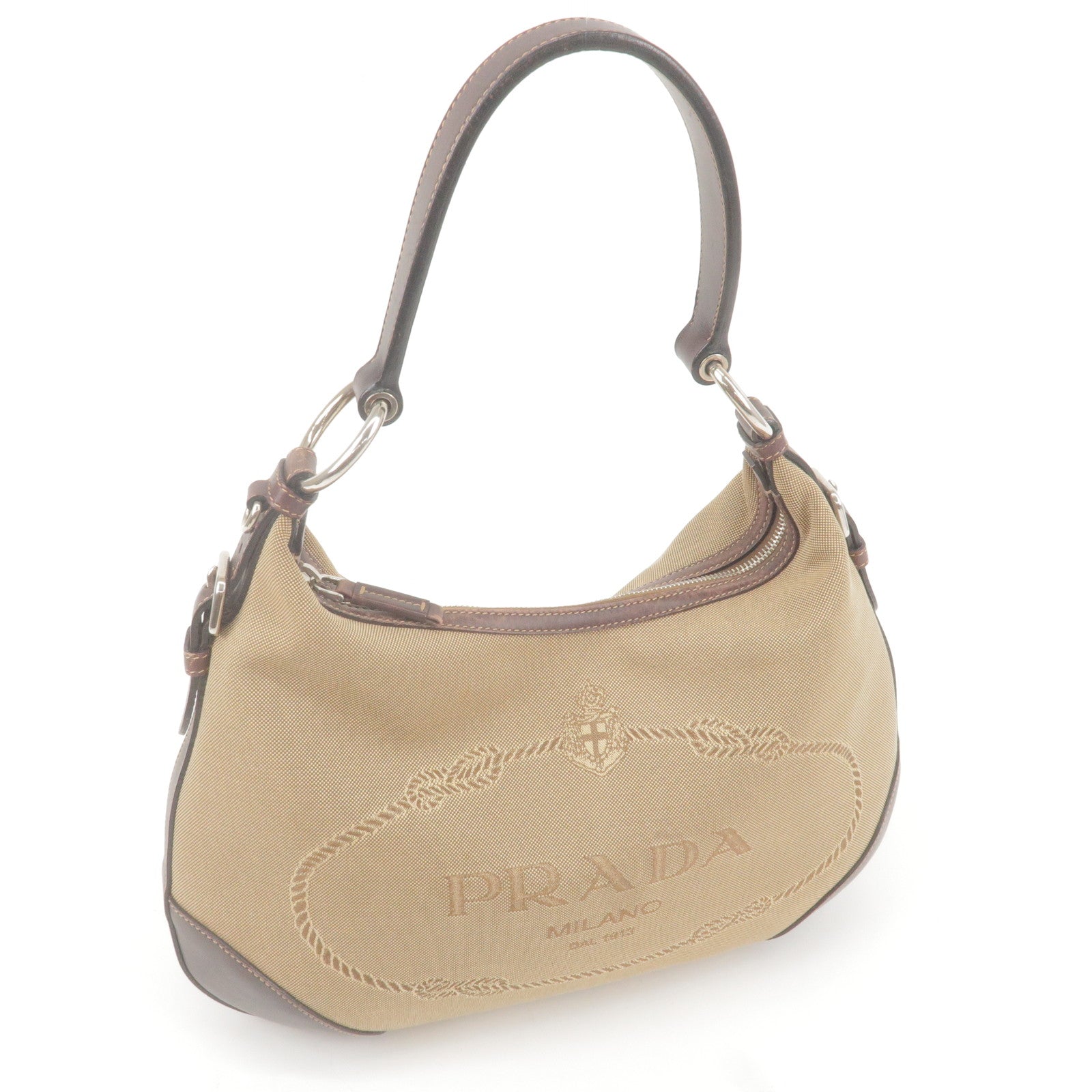 Prada Logo Jacquard Leather Shoulder Bag Beige Brown