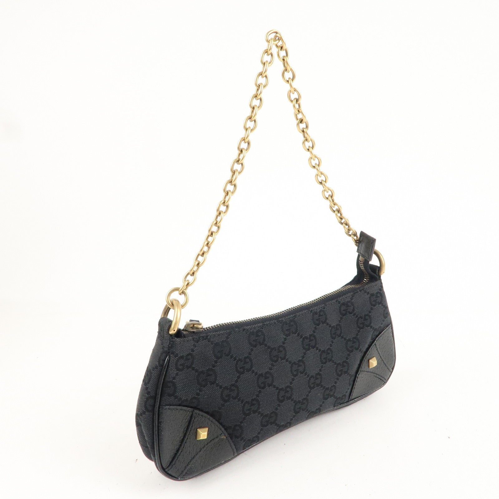GUCCI GG Canvas Leather Chain Hand Bag Pouch Black 120940