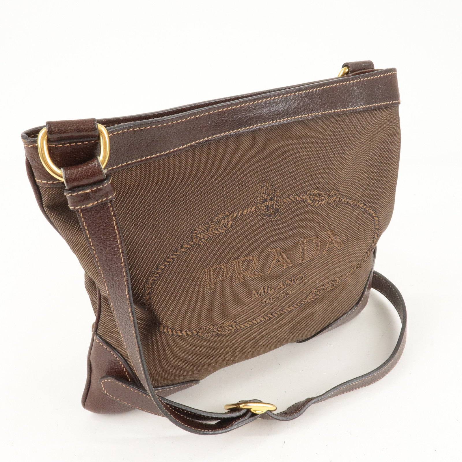 Prada Logo Jacquard Canvas Leather Shoulder Bag Brown