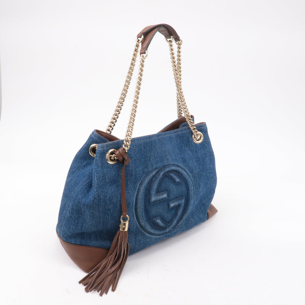 GUCCI SOHO Denim Leather Chain Shoulder Bag Blue Brown 308982