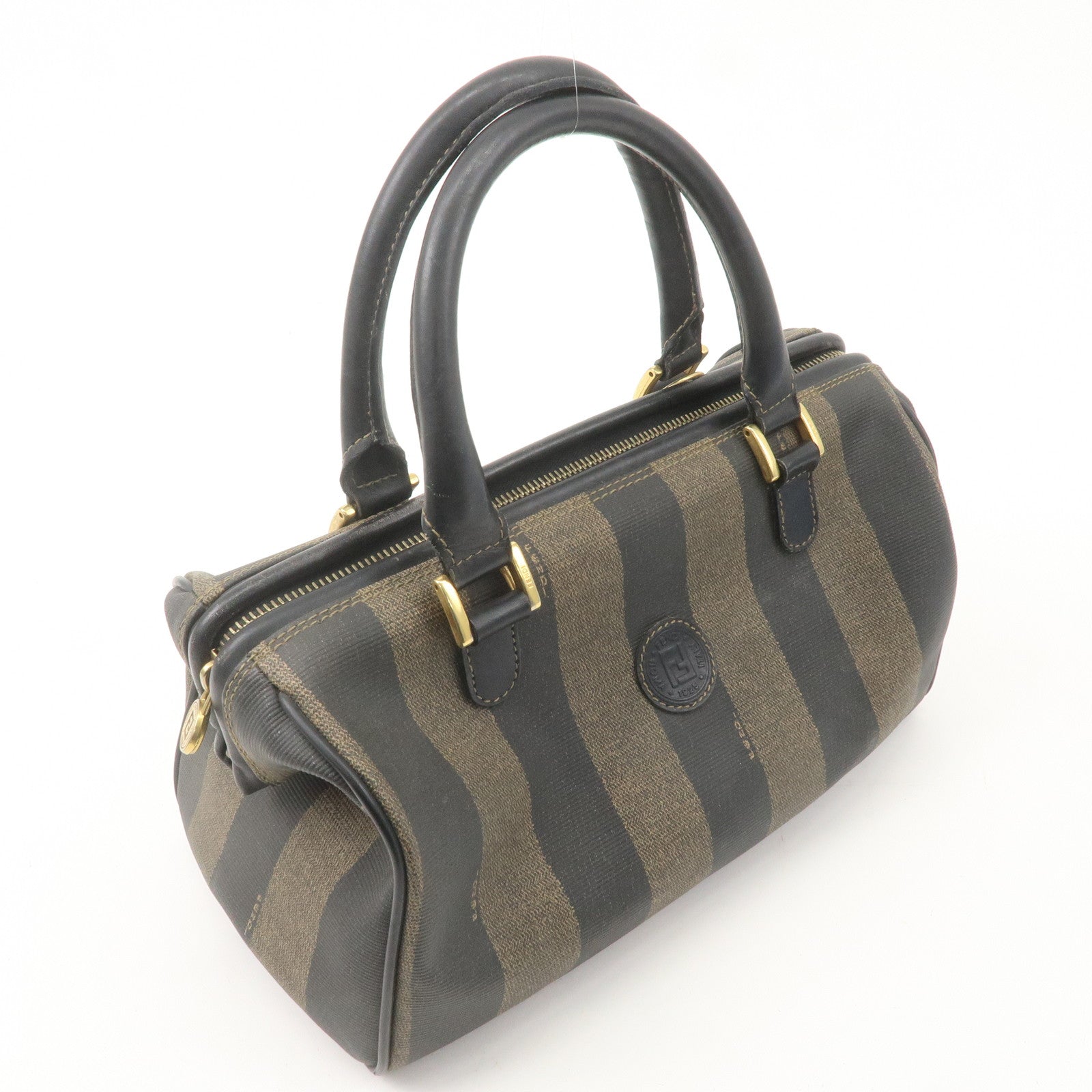 FENDI Pequin PVC Leather Mini Boston Bag Brown Black 04498