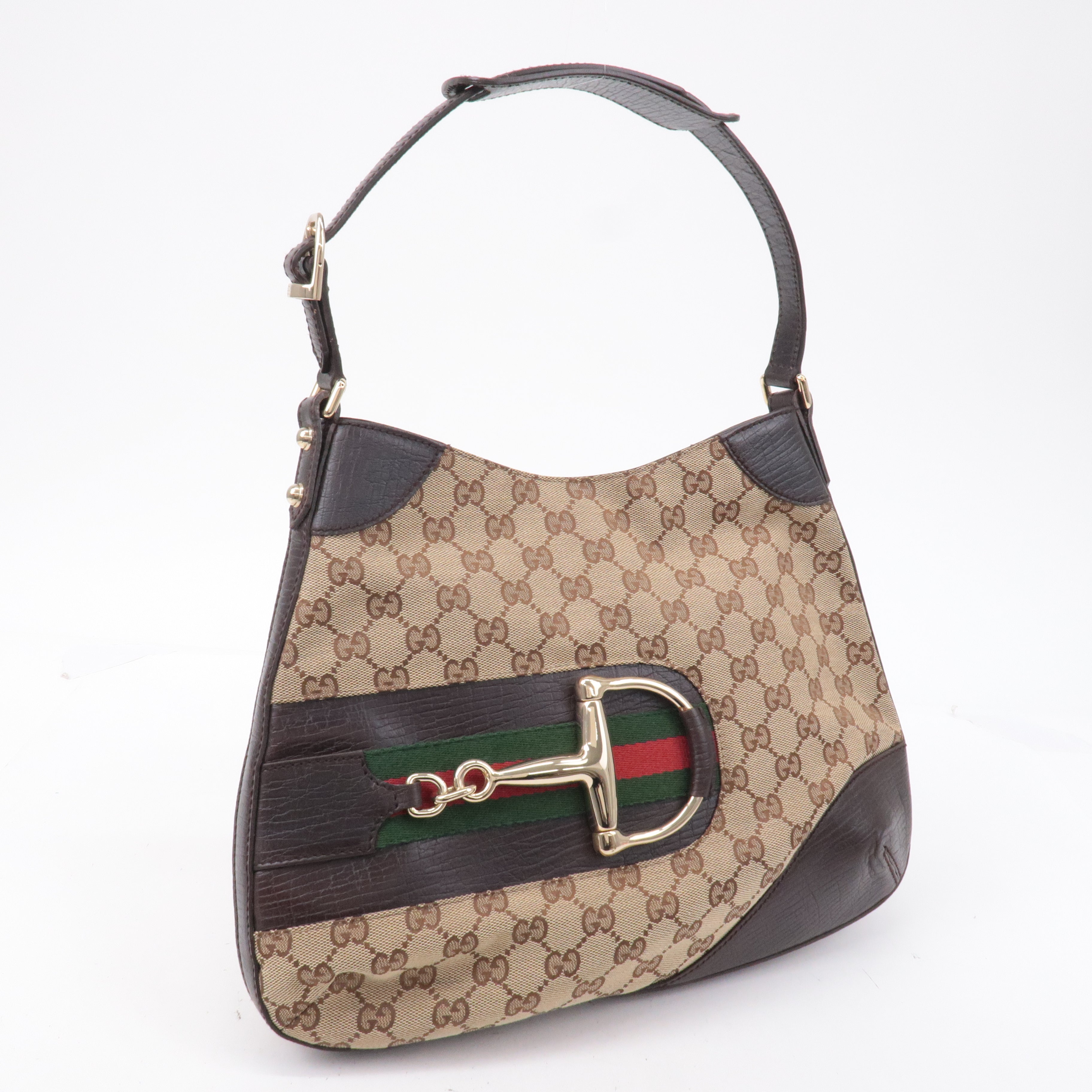 GUCCI Horsebit Sherry GG Canvas Leather Shoulder Bag Brown 137388
