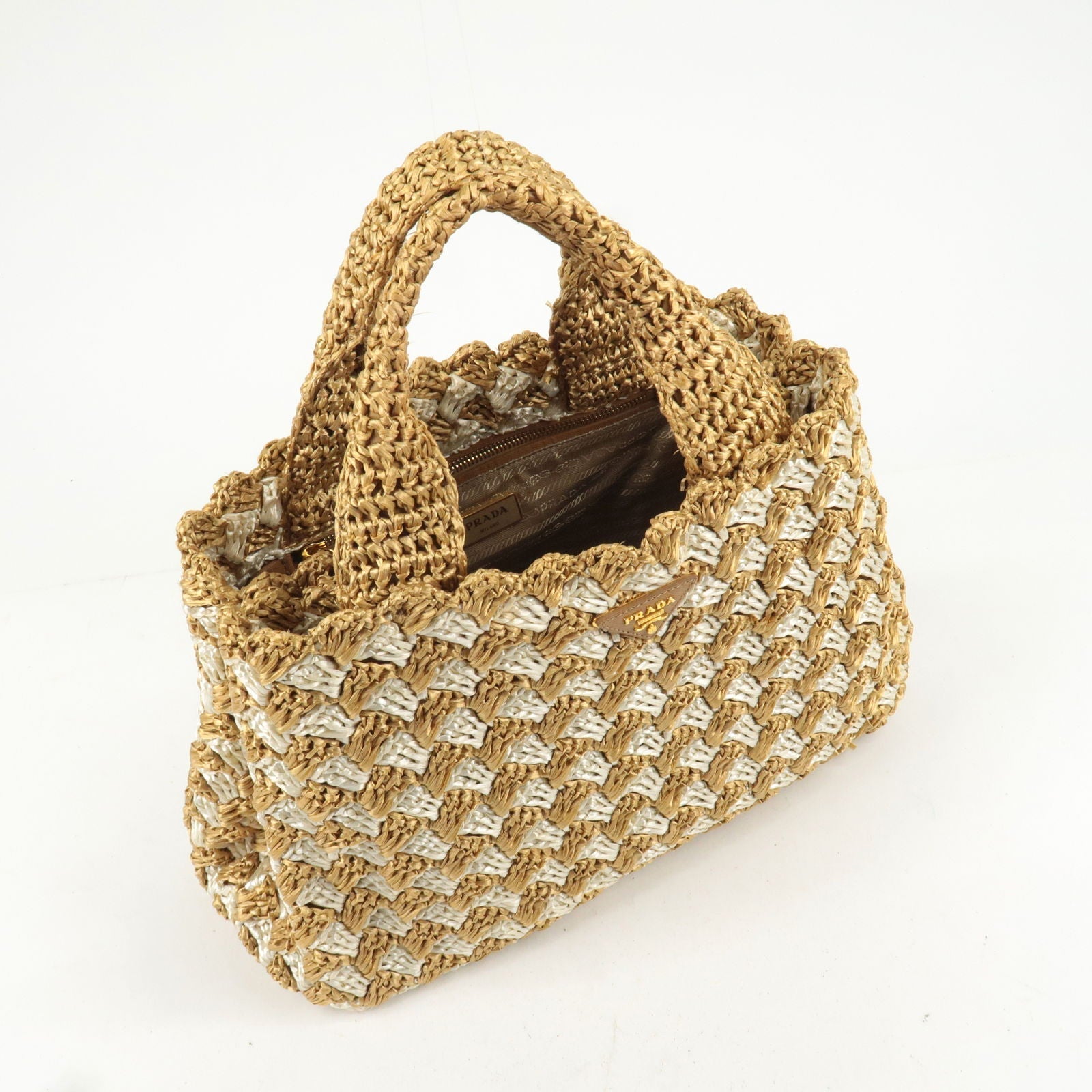 Prada Logo Raffia Crochet Tote Bag Hand Bag Beige Ivory BN2303
