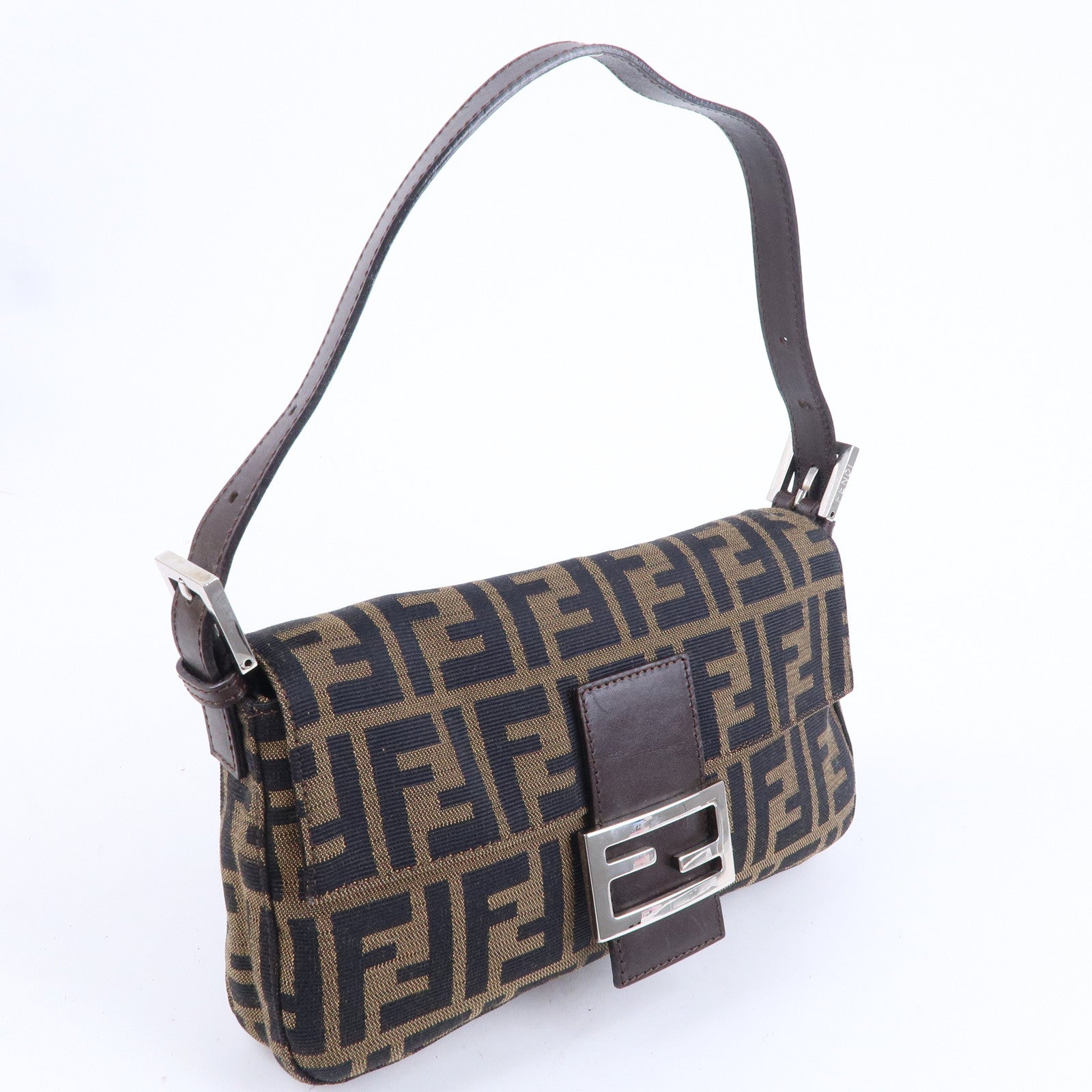 FENDI Mamma Baguette Zucca Canvas Leather Shoulder Bag Brown 26424