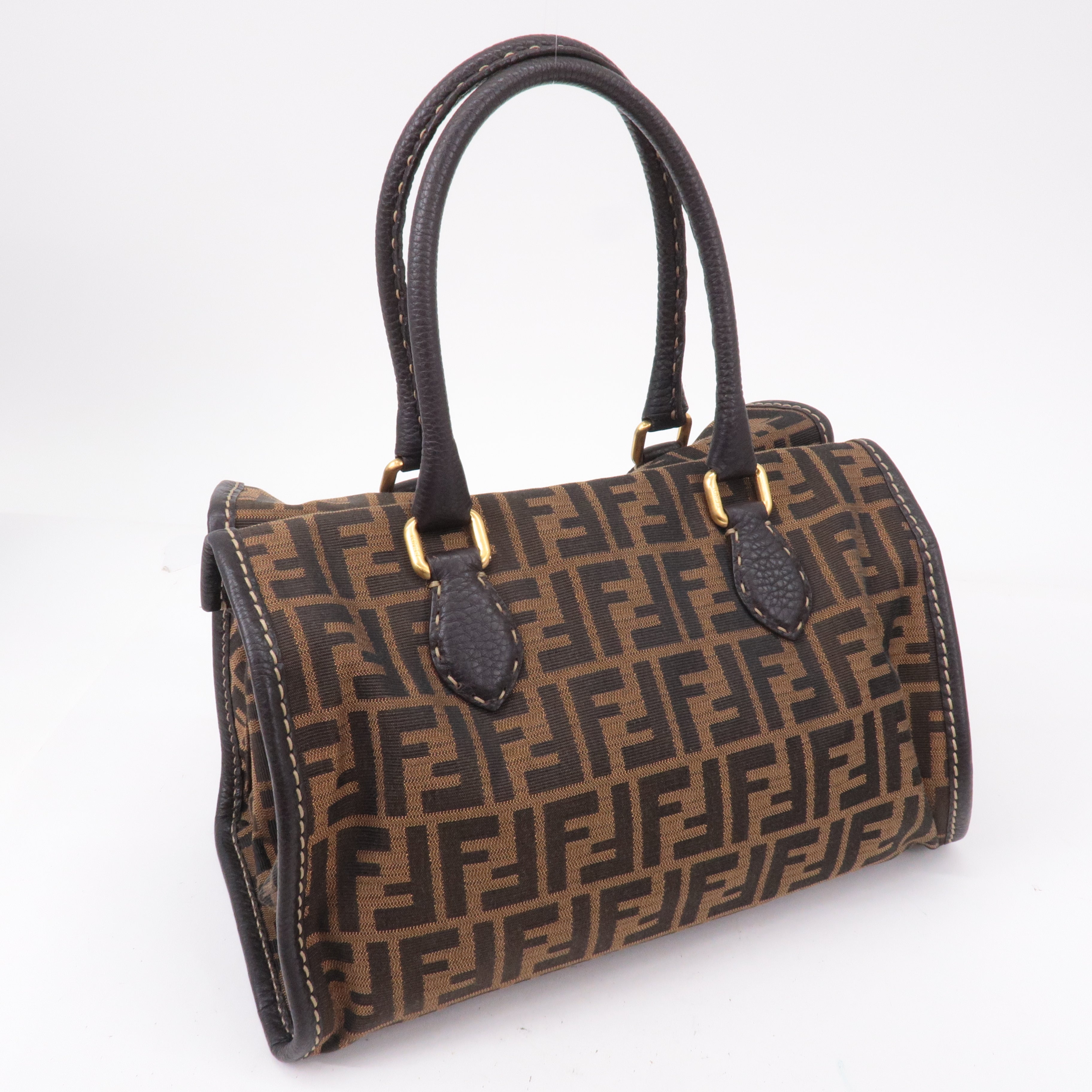 FENDI Selleria Zucca Canvas Leather Hand Bag Brown Black 8BN218