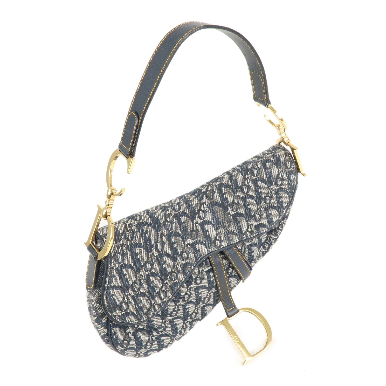 Christian Dior Saddle Bag Trotter Canvas Leather Shoulder Bag Navy