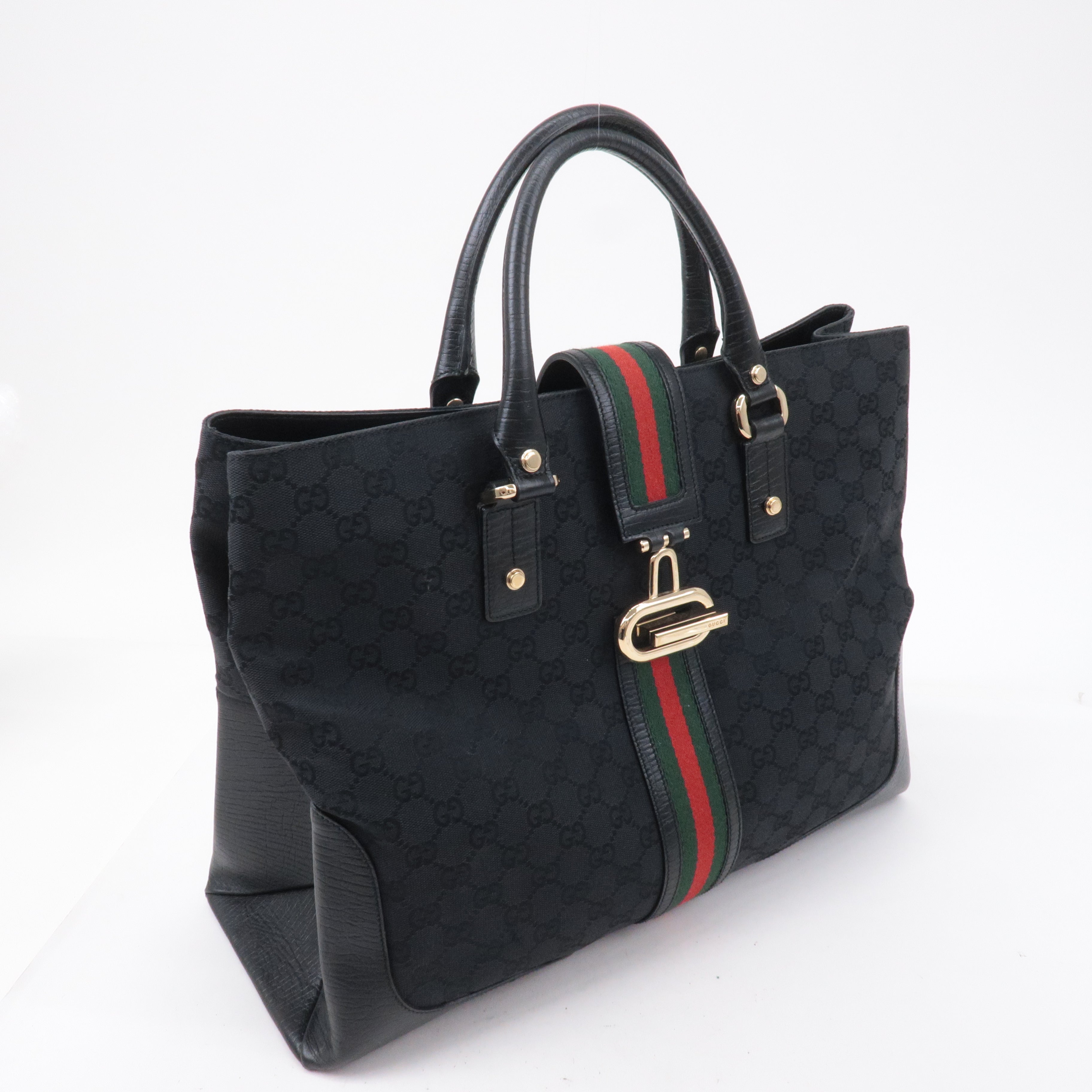 GUCCI Sherry GG Canvas Leather Tote Bag Black 130994