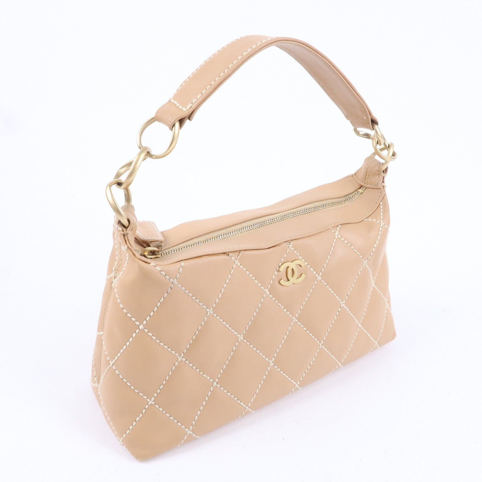 CHANEL Wild Stich Lambskin Shoulder Bag Hand Bag Beige A20663