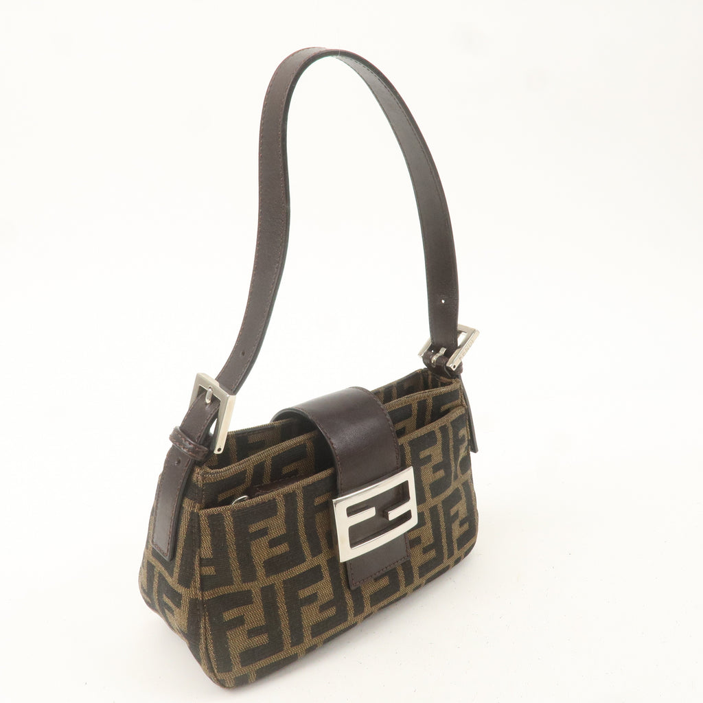 FENDI Zucca Canvas Leather Shoulder Bag Khaki Brown Black 26723