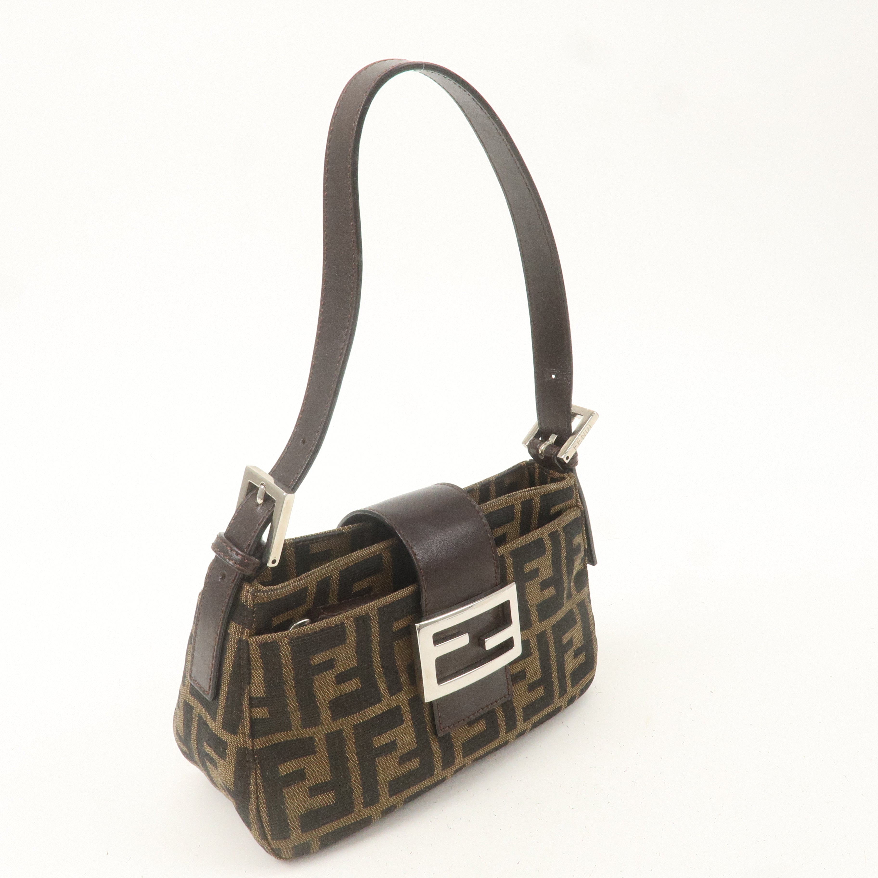 FENDI Zucca Canvas Leather Shoulder Bag Khaki Brown Black 26723