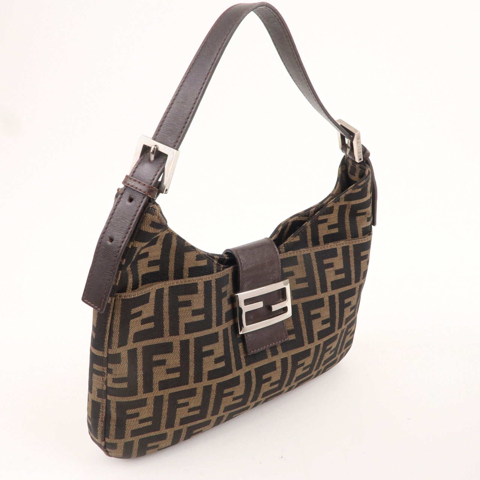FENDI Zucca Canvas Leather Shoulder Bag Brown Black 26569