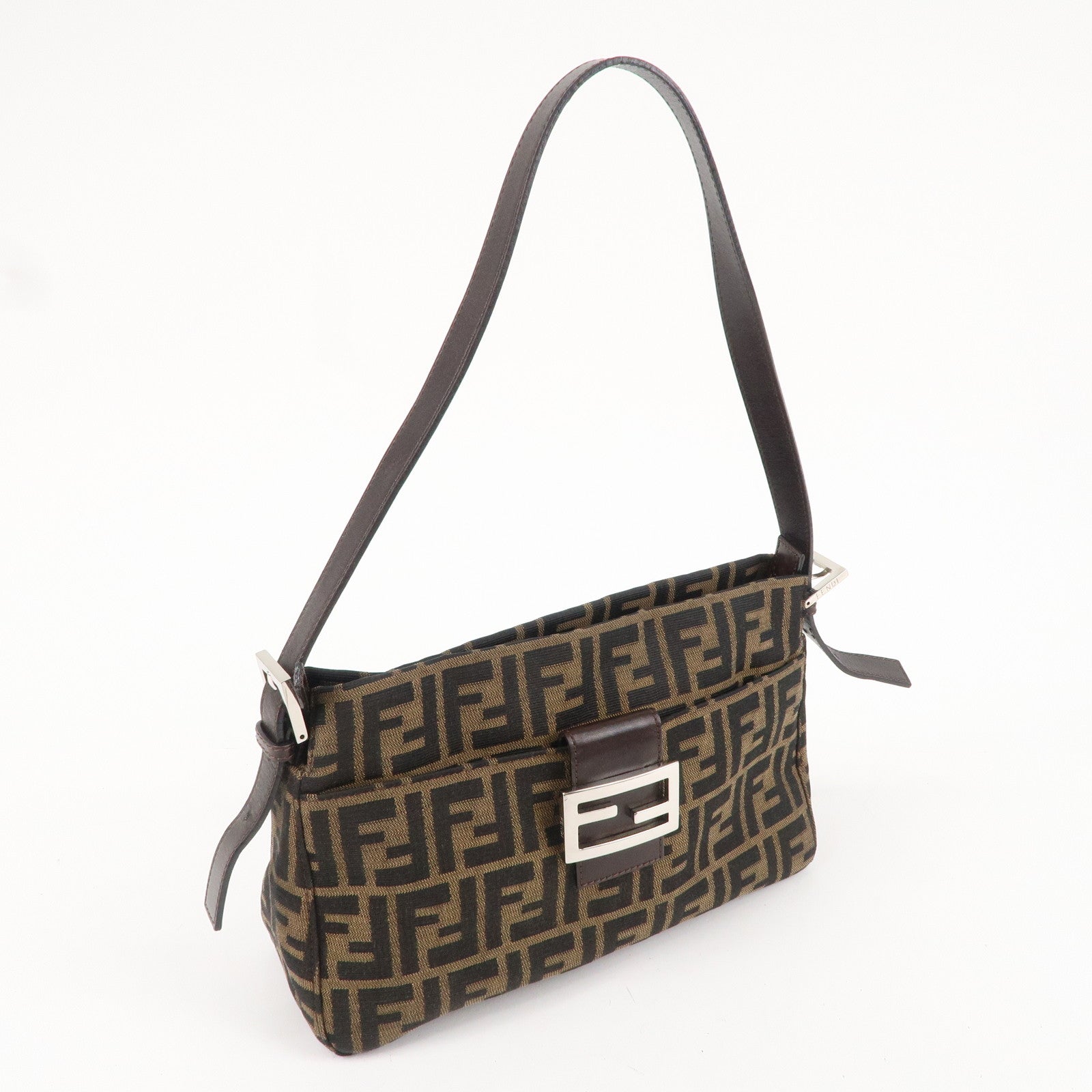 FENDI Zucca Canvas Leather Shoulder Bag Brown Black 26566