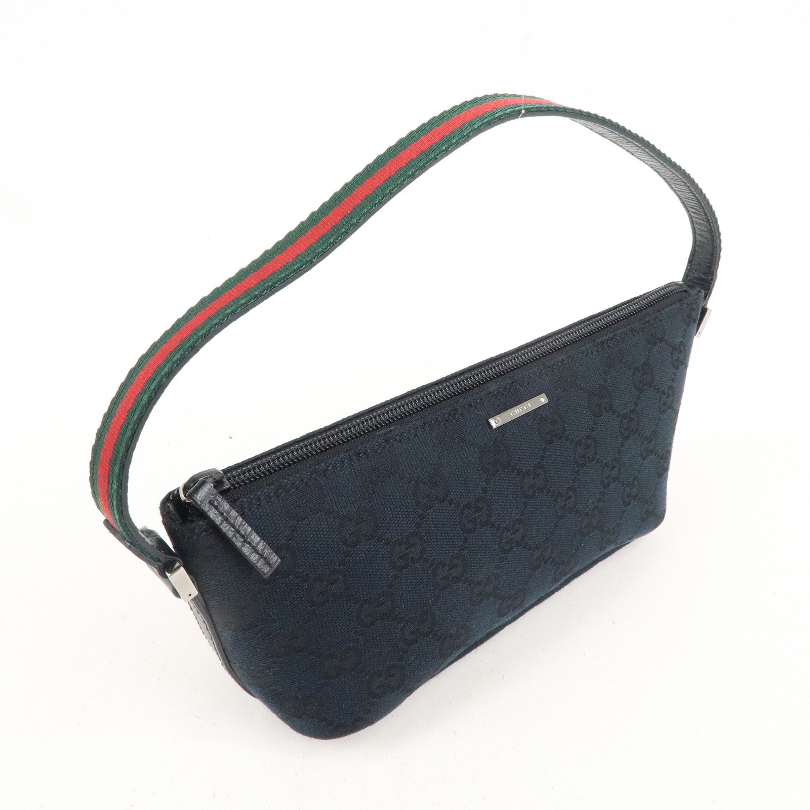 GUCCI Boat Bag Sherry GG Canvas Leather Pouch Black 141809
