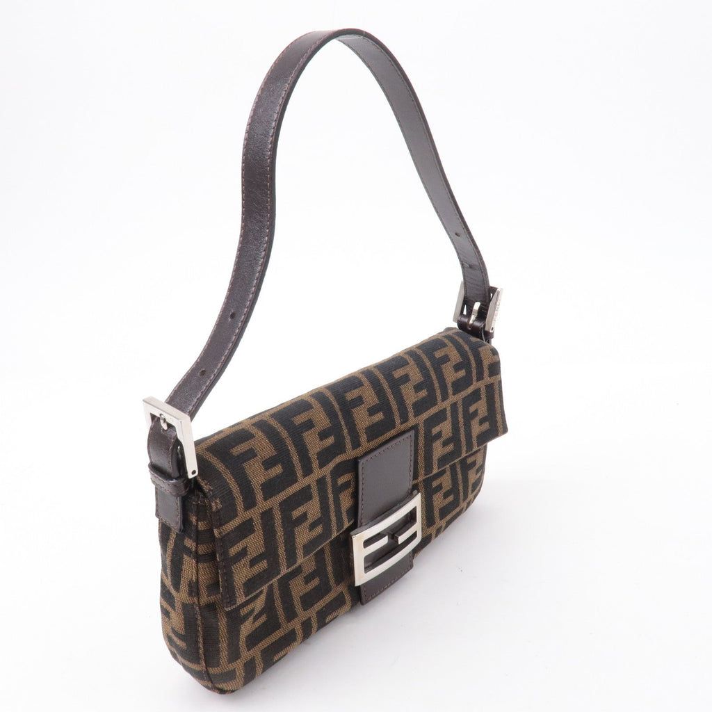FENDI Mamma Baguette Zucca Canvas Leather Shoulder Bag Brown 26424
