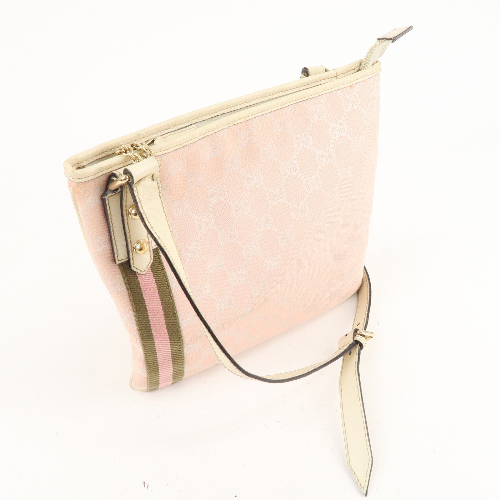 GUCCI Sherry GG Canvas Leather Shoulder Bag Pink White 144388