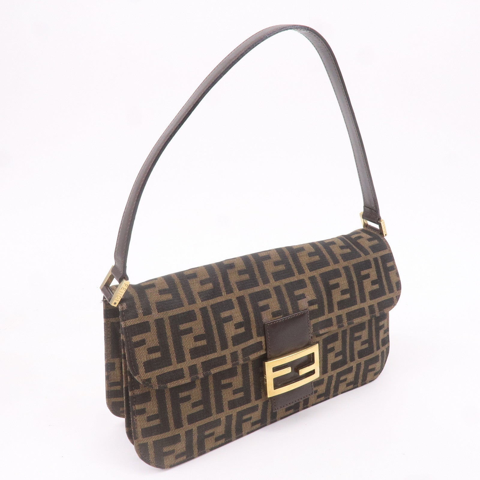 FENDI Zucca Canvas Leather Shoulder Bag Brown Black 16322