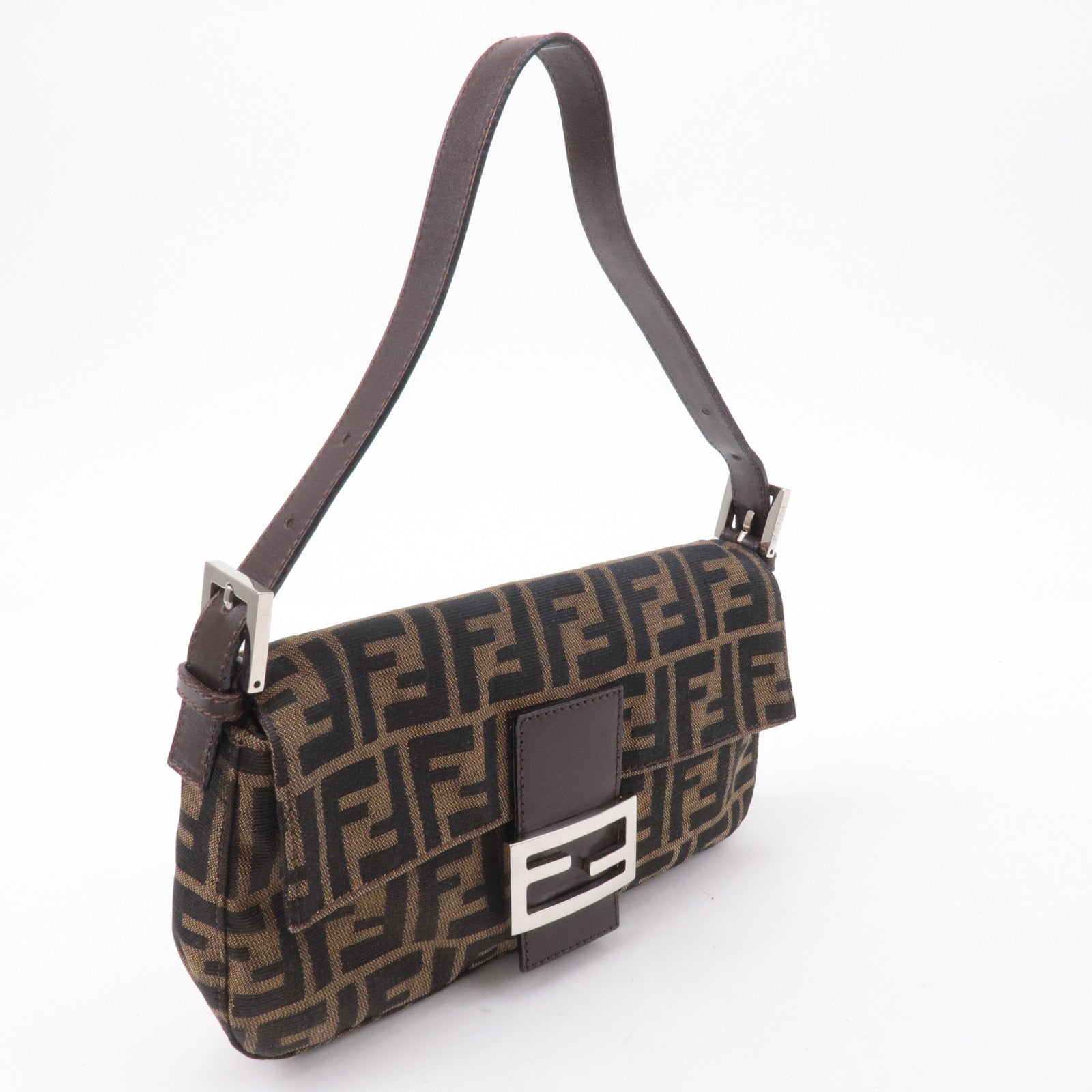 FENDI Mamma Baguette Zucca Canvas Leather Shoulder Bag Brown 26424