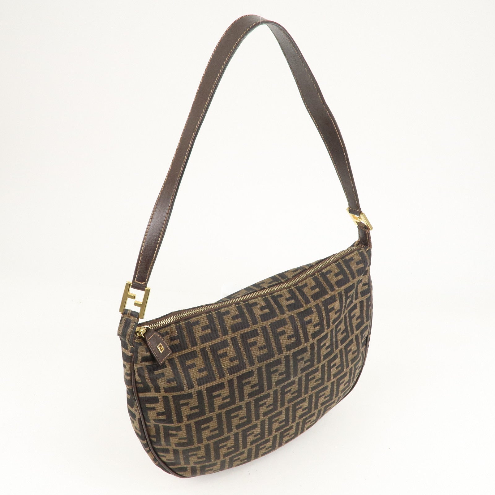 FENDI Zucca Canvas Leather Shoulder Bag Brown Black