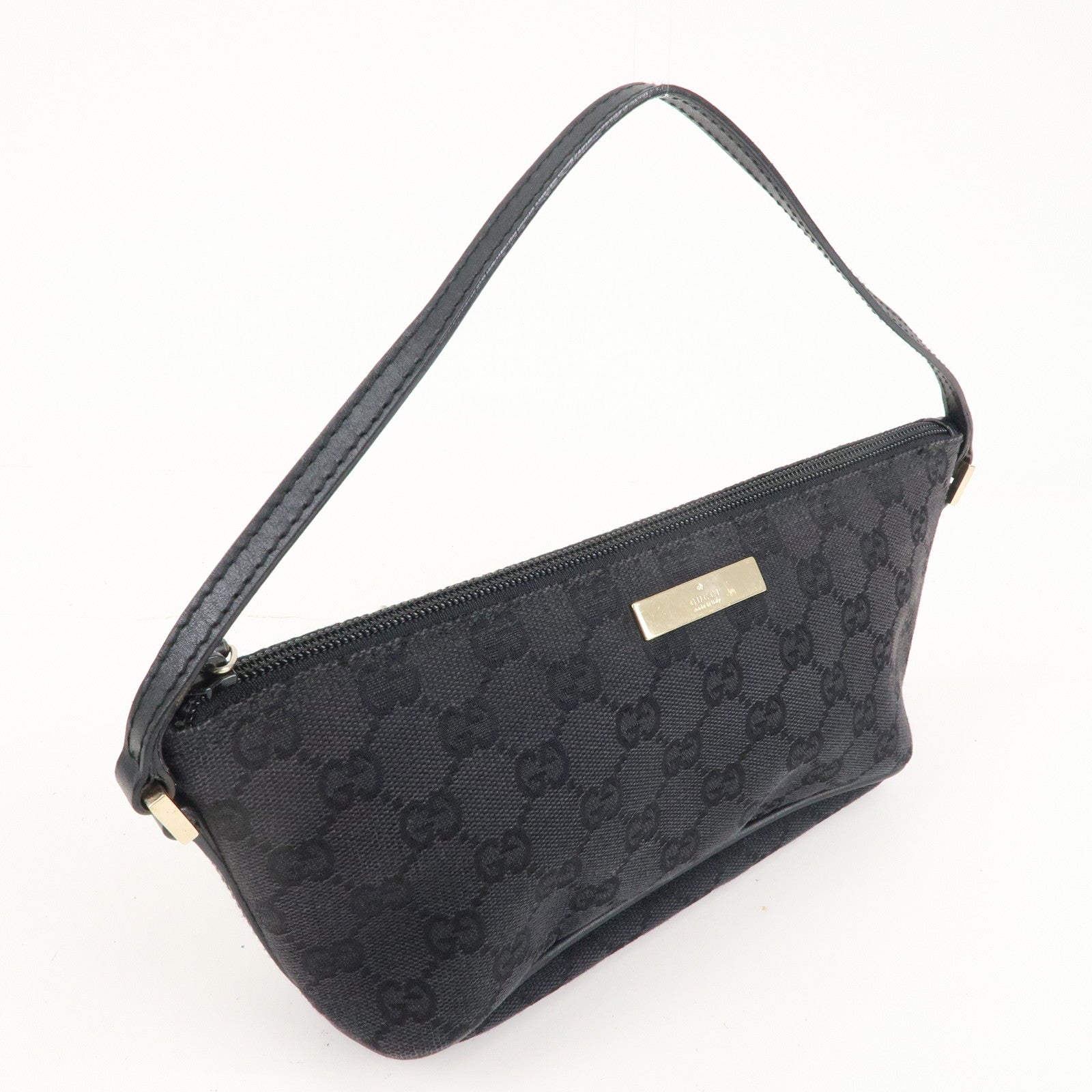GUCCI Boat Bag GG Monogram Canvas Leather Pouch Black 039.1103