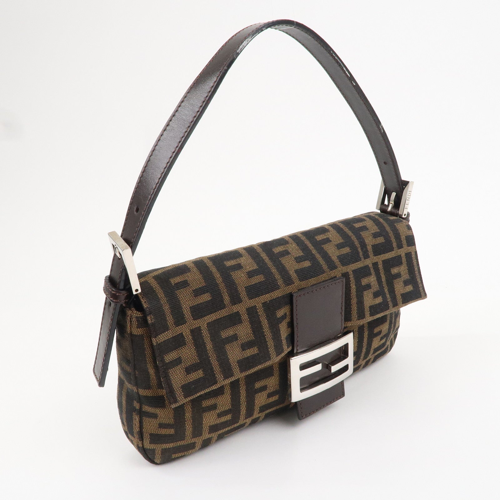 FENDI Mamma Baguette Canvas Leather Shoulder Bag Brown Black 26424