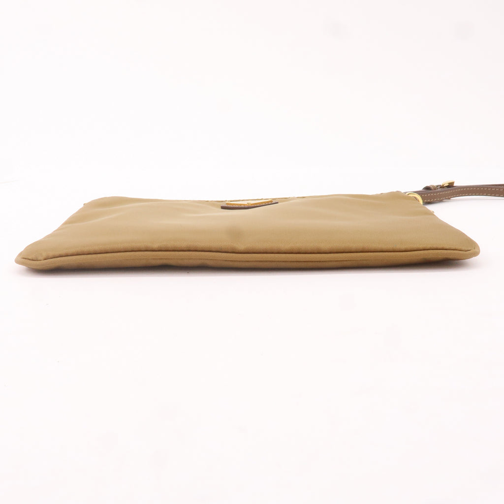 Prada Logo Nylon Leather Clutch Bag Pouch Brown