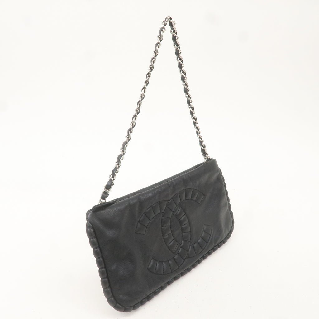 CHANEL Leather Chain Shoulder Bag Hand Bag Black Silver HDW
