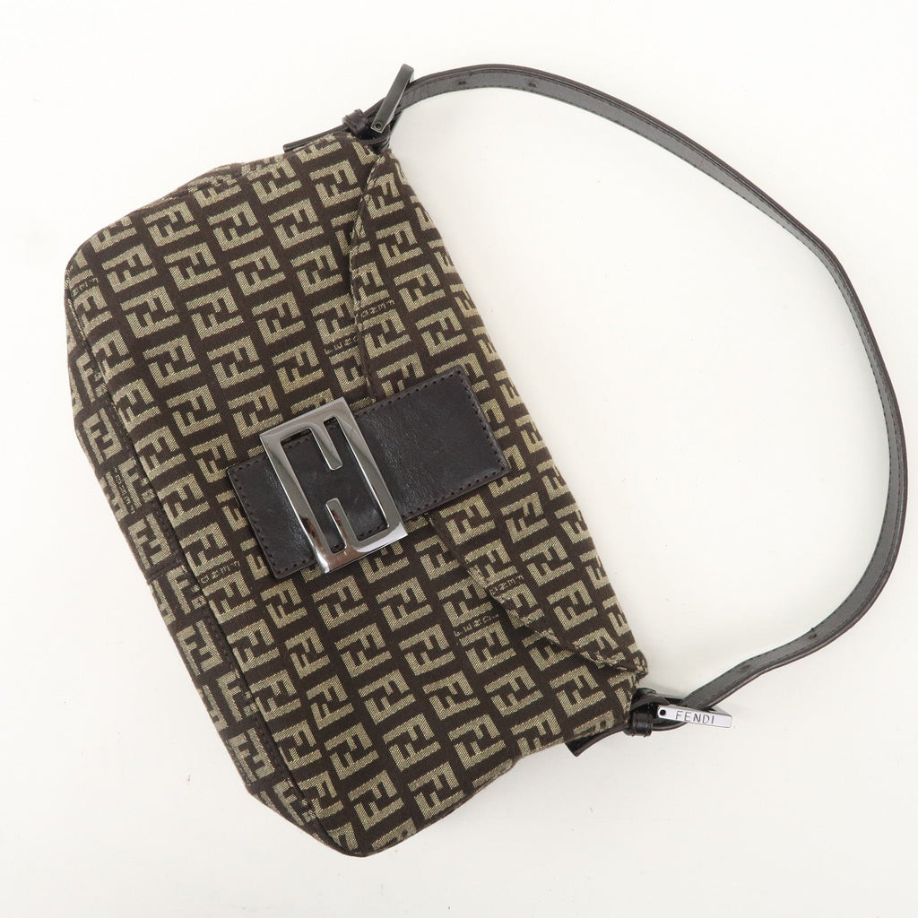 FENDI Zucchino Canvas Leather Shoulder Bag Brown Beige 8BR003