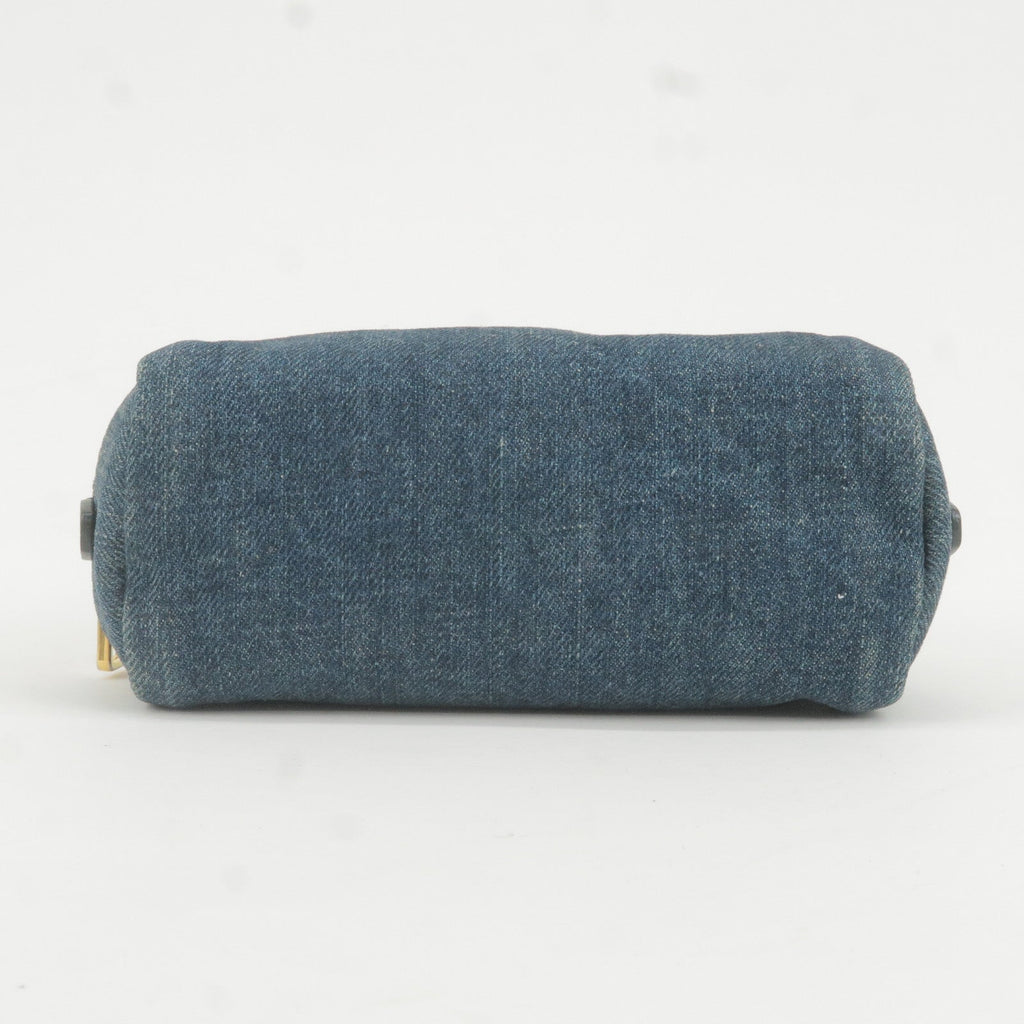 Prada Logo Denim Cosmetic Pouch Clutch Bag Navy Gold Metal