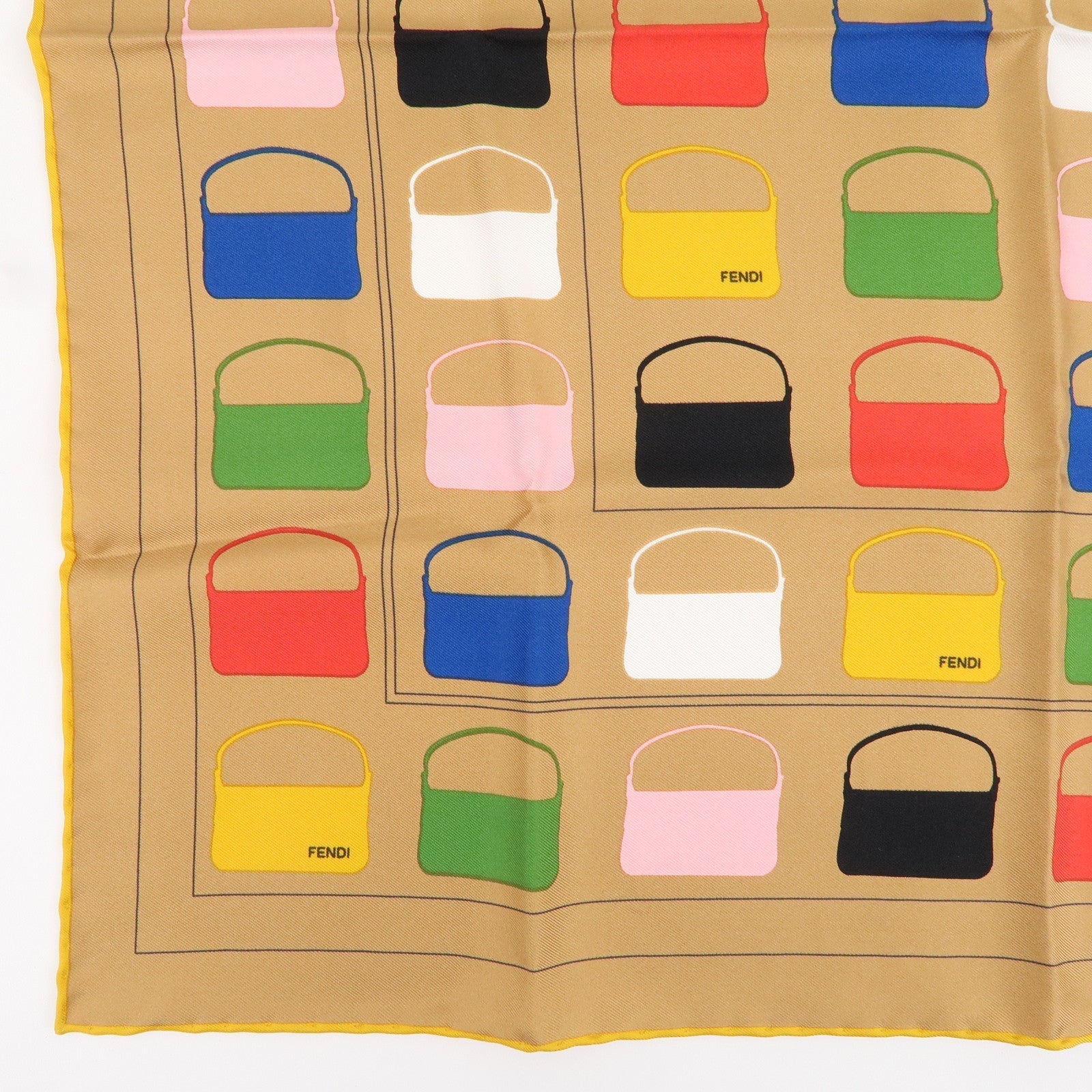 FENDI Silk 100% Scarf Bag Print Multi Color Beige