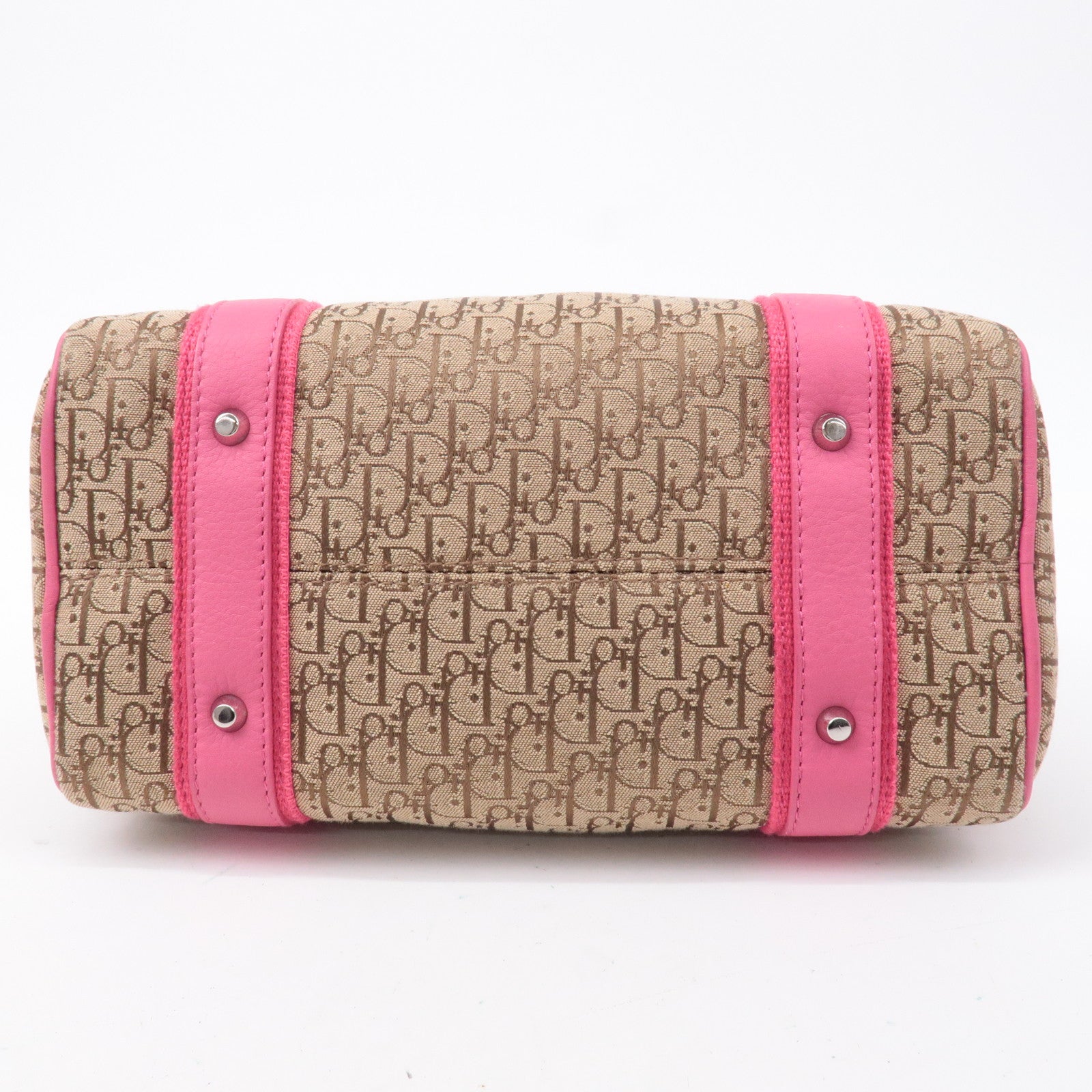 Christian Dior Trotter Canvas Leather Boston Bag Beige Pink