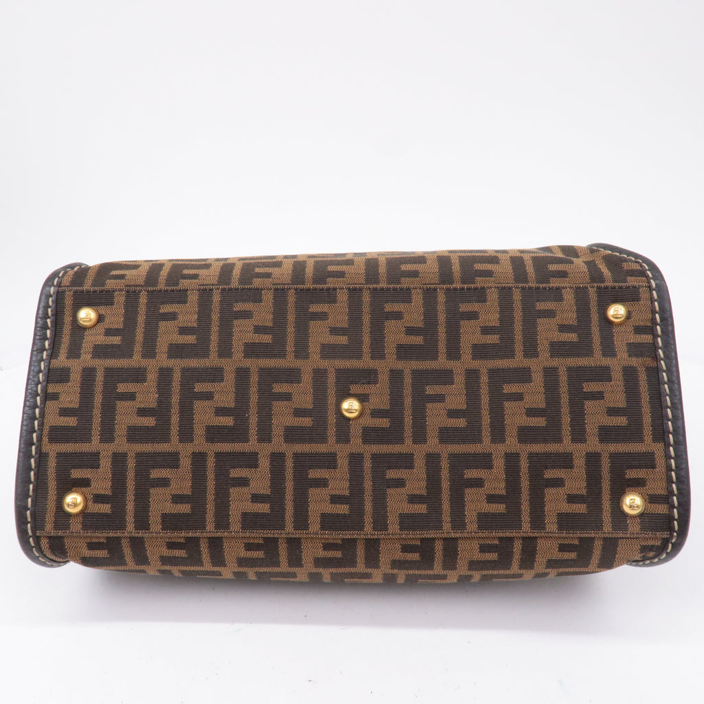 FENDI Selleria Zucca Canvas Leather Hand Bag Brown Black 8BN218