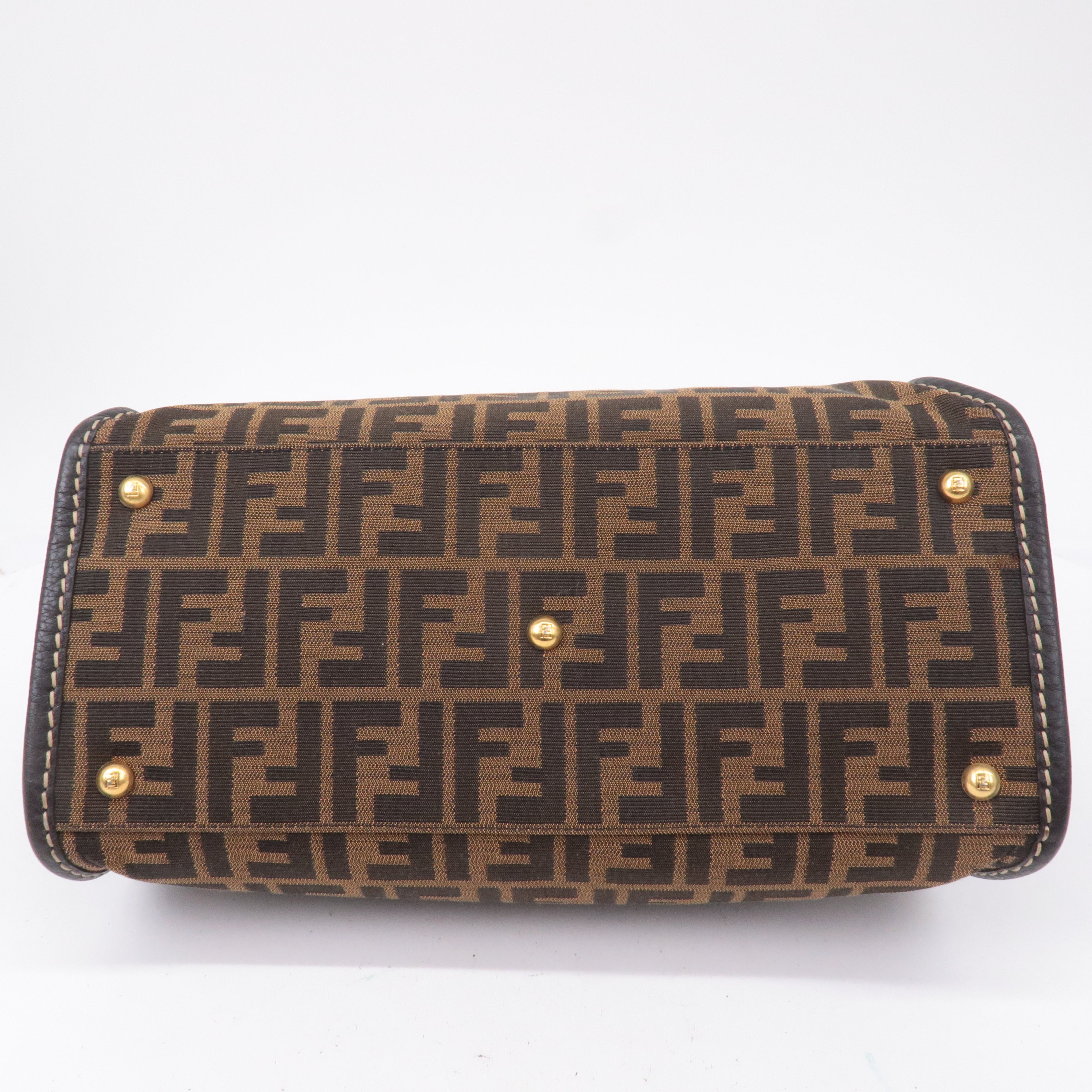 FENDI Selleria Zucca Canvas Leather Hand Bag Brown Black 8BN218