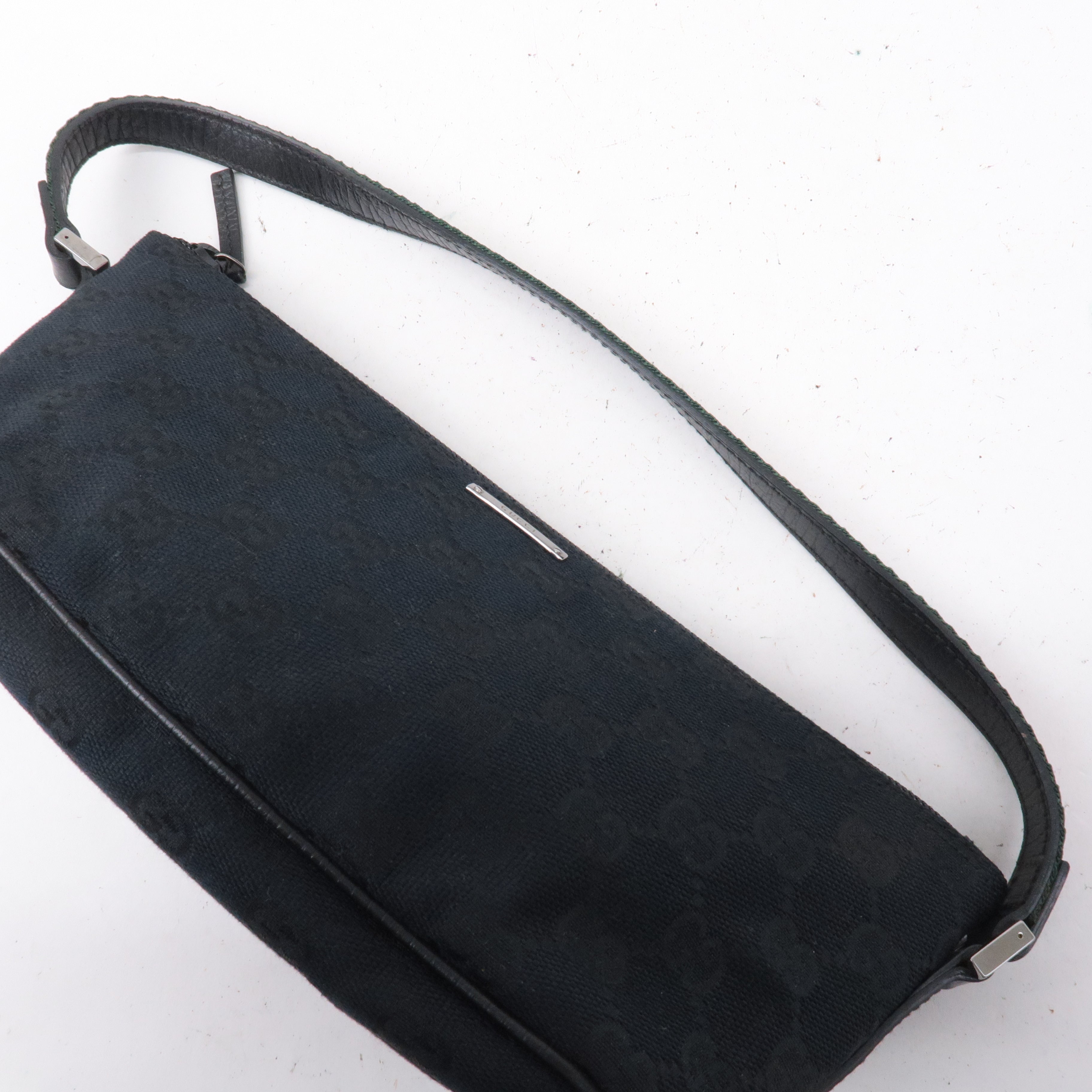 GUCCI Boat Bag Sherry GG Canvas Leather Pouch Black 141809